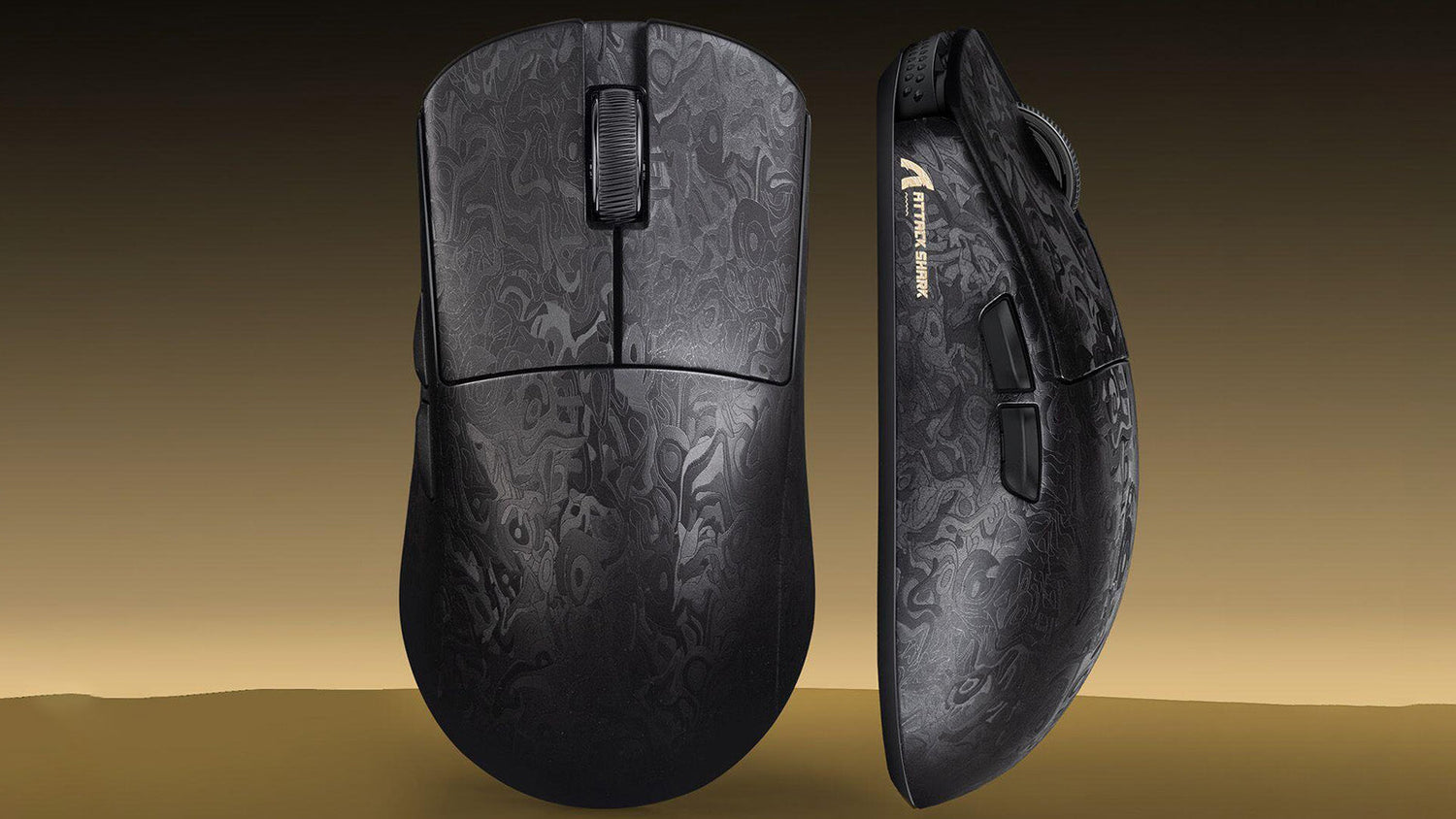 Black gaming mouse with textured surface pattern shown from top and side view against a gold-brown gradient background. The mouse features the Attack Shark brand logo on its side