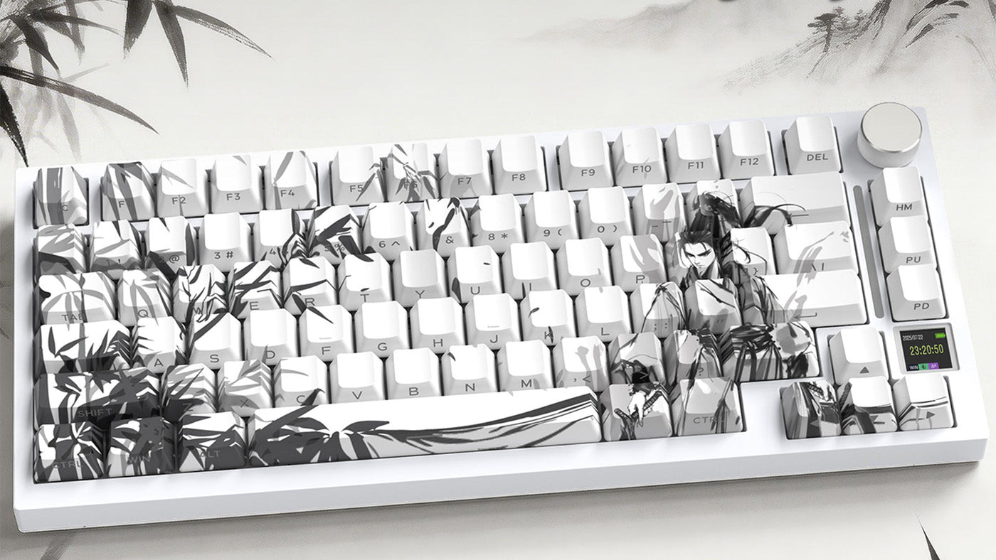 75-key white mechanical gaming keyboard with ink wash painting keycaps, rotary knob, and digital display.