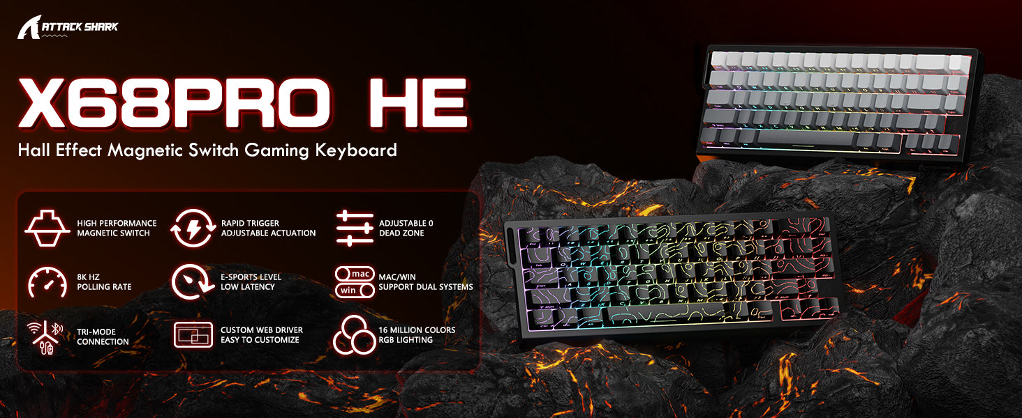 ATTACK SHARK X68PRO HE Kabellose Rapid Trigger-Tastatur mit Spiralkabel