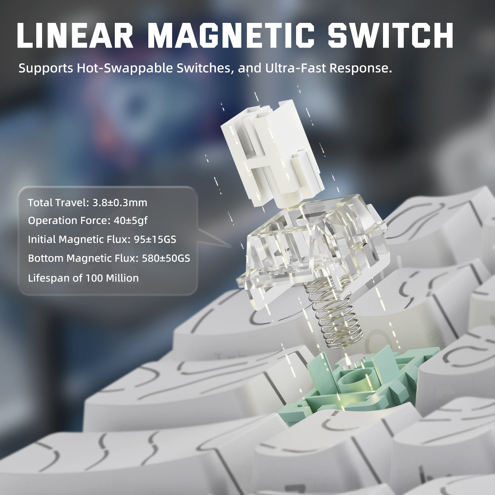 ATTACK SHARK X68PRO HE Linear Magnetic Switch detail. Supports Hot-Swappable Switches, and Ultra-Fast Response.