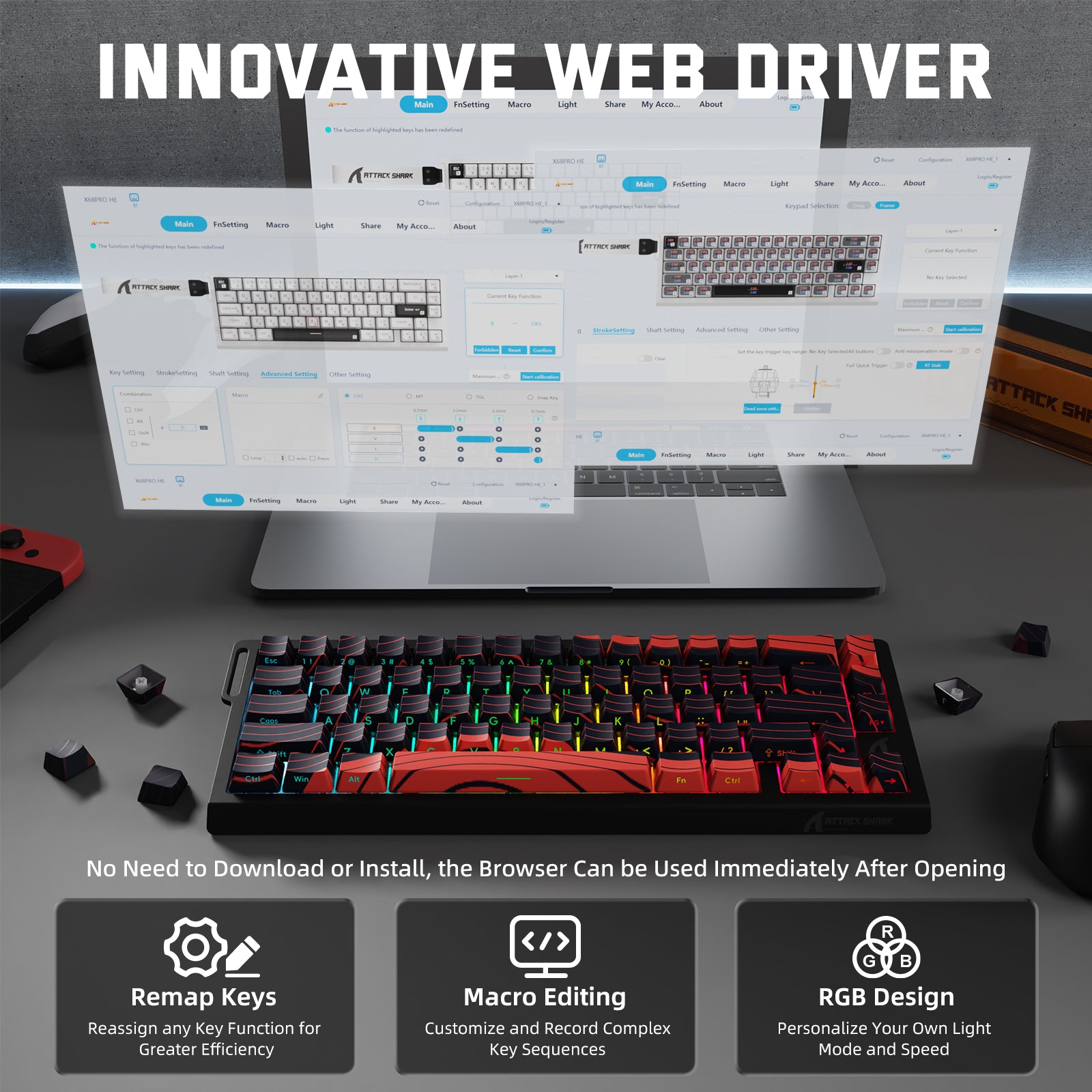 ATTACK SHARK X68PRO HE keyboard with RGB lighting and web driver interface