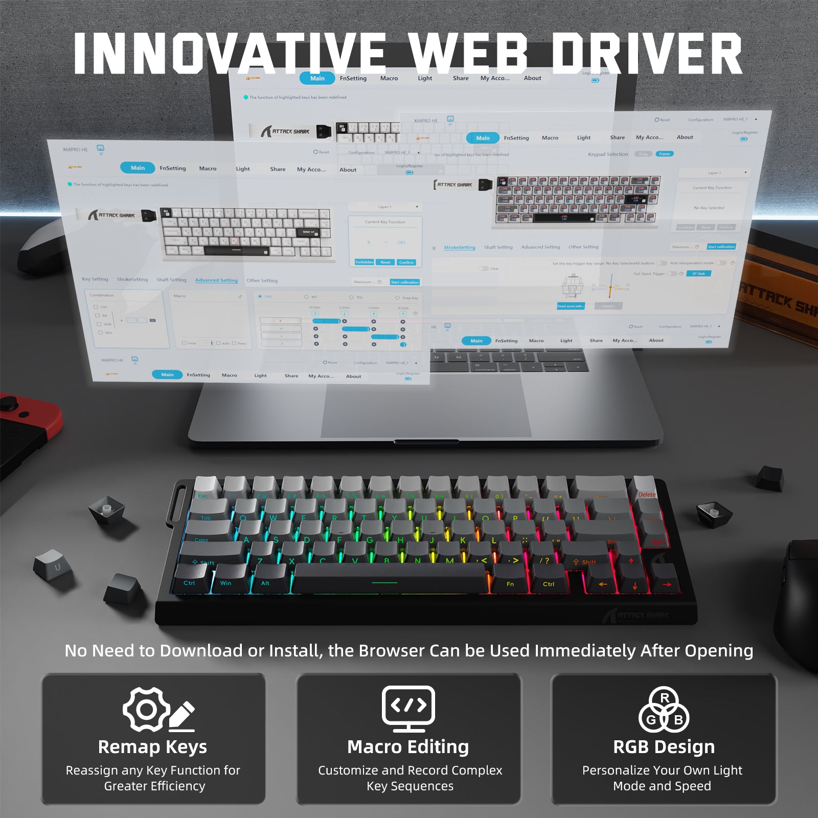 X68PRO HE Web Driver Interface, No Download Needed, Customizable Keyboard Settings