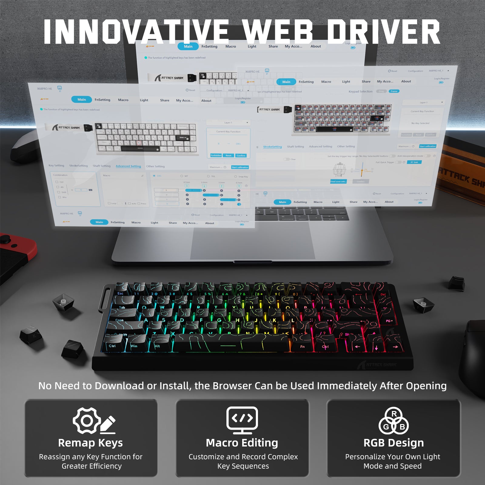 X68PRO HE Web Driver Interface, No Download Needed, Customizable Keyboard Settings