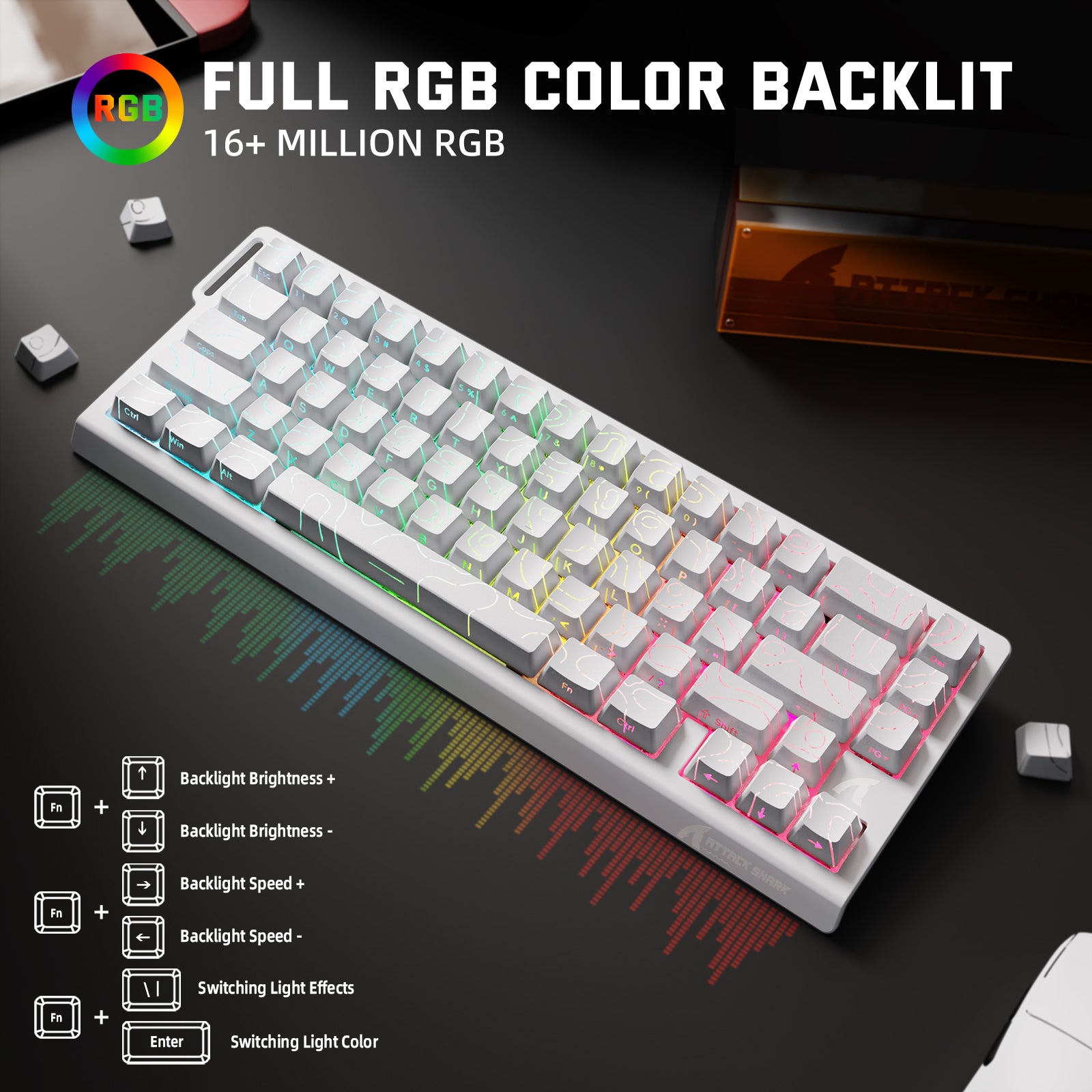 ATTACK SHARK X68PRO HE RGB backlit keyboard, white, customizable lighting, 16+ million colors.