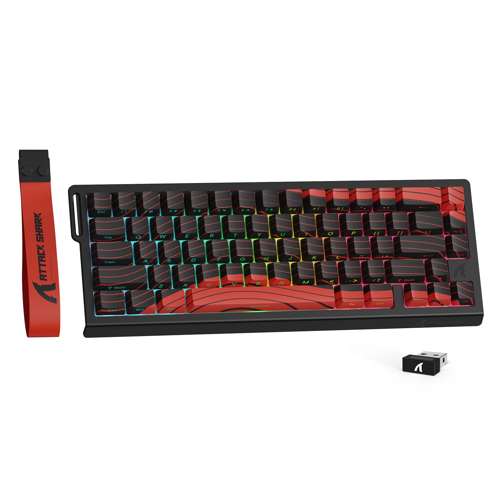 ATTACK SHARK X68PRO HE gaming keyboard with red accents, RGB lighting, and wireless receiver.