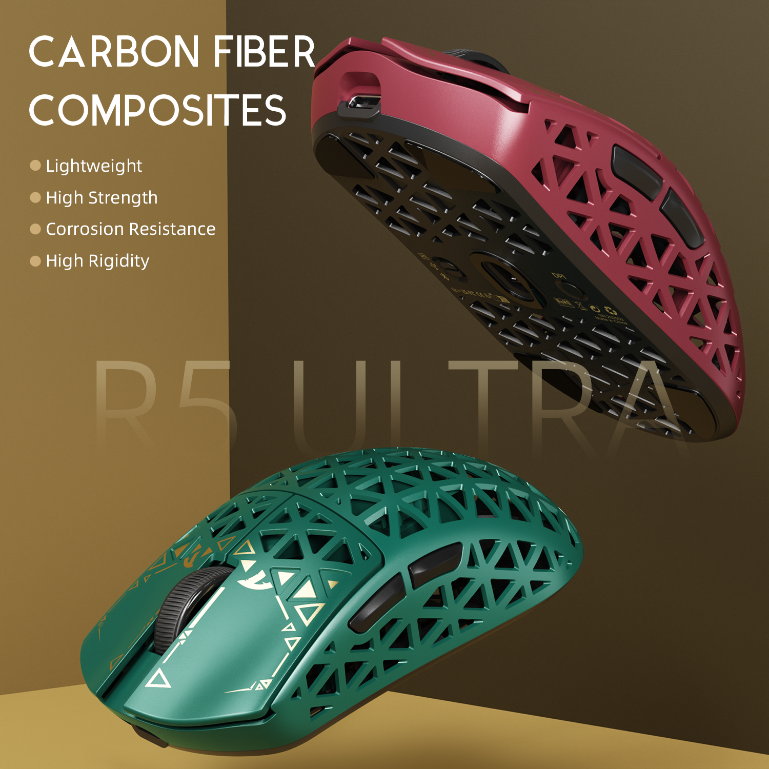 ATTACK SHARK R5 Ultra carbon fiber gaming mouse, red and green color, emphasizing lightweight design and strength.