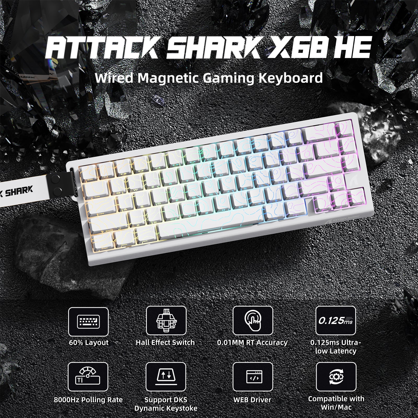 ATTACK SHARK X68HE Gaming Keyboard - White, 60% layout, RGB, Magnetic switches, 0.125ms