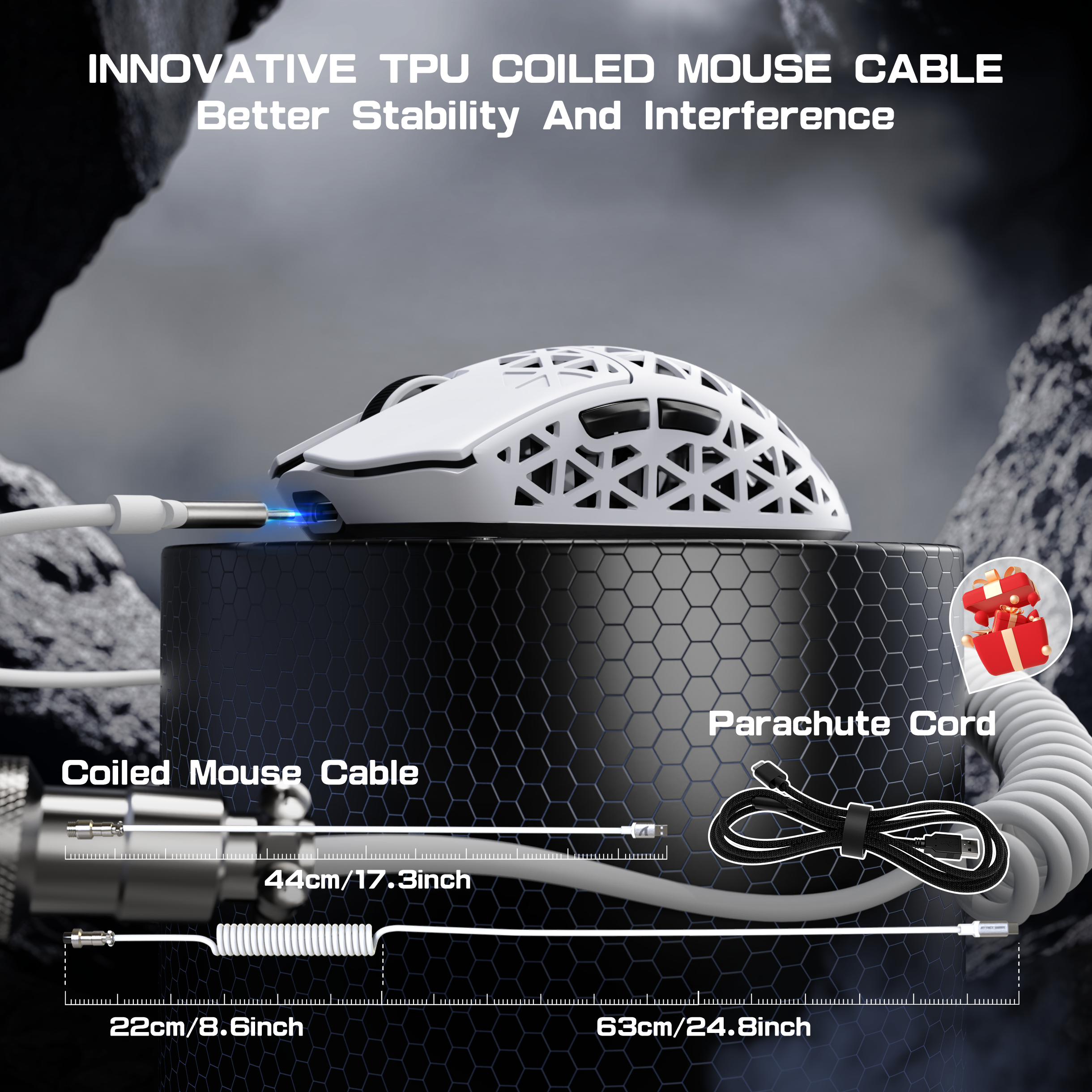 ATTACK SHARK R5 Ultra gaming mouse with TPU coiled cable and parachute cord, showcasing cable length and stability.