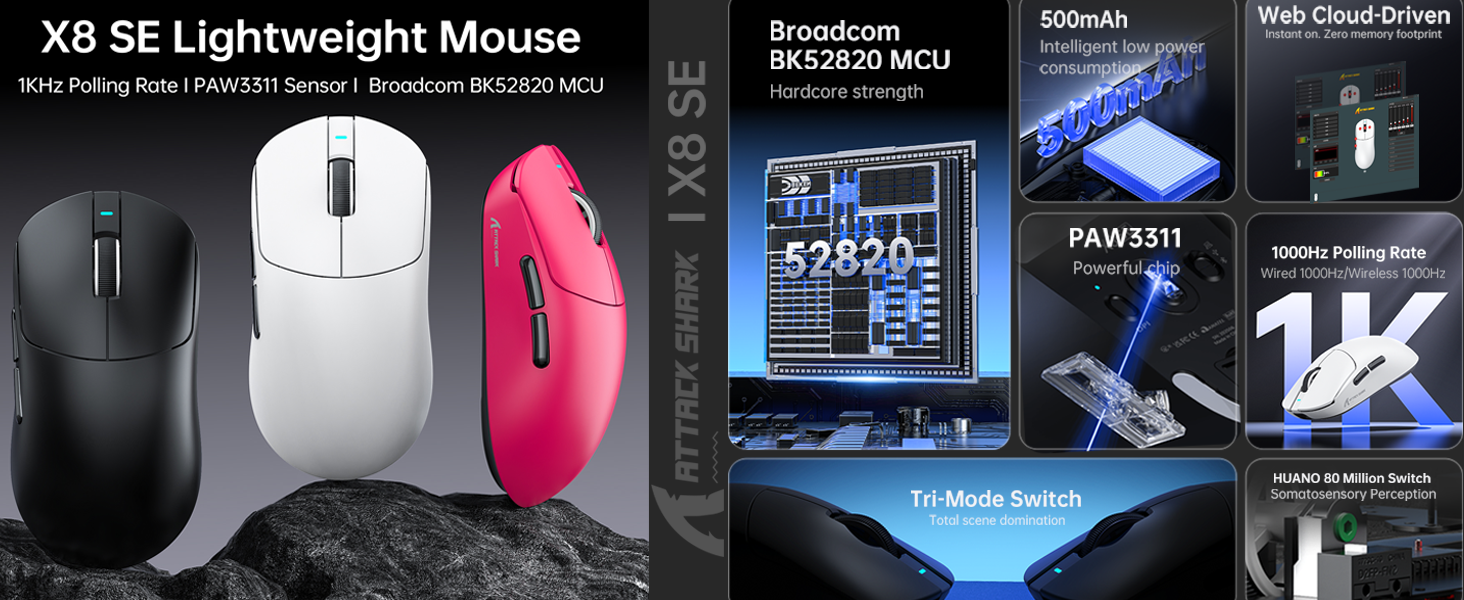 ATTACK SHARK X8SE Tri-mode Wireless Gaming Mouse 25000 DPI Ultra Lightweight