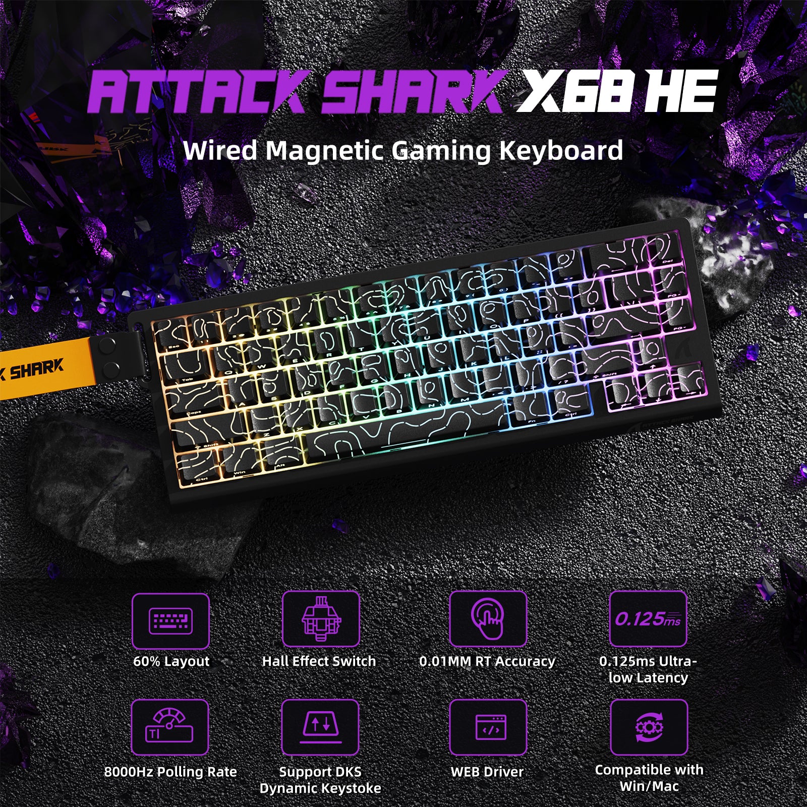 ATTACK SHARK X68HE Magnetic Gaming Keyboard, Black 60% layout with RGB