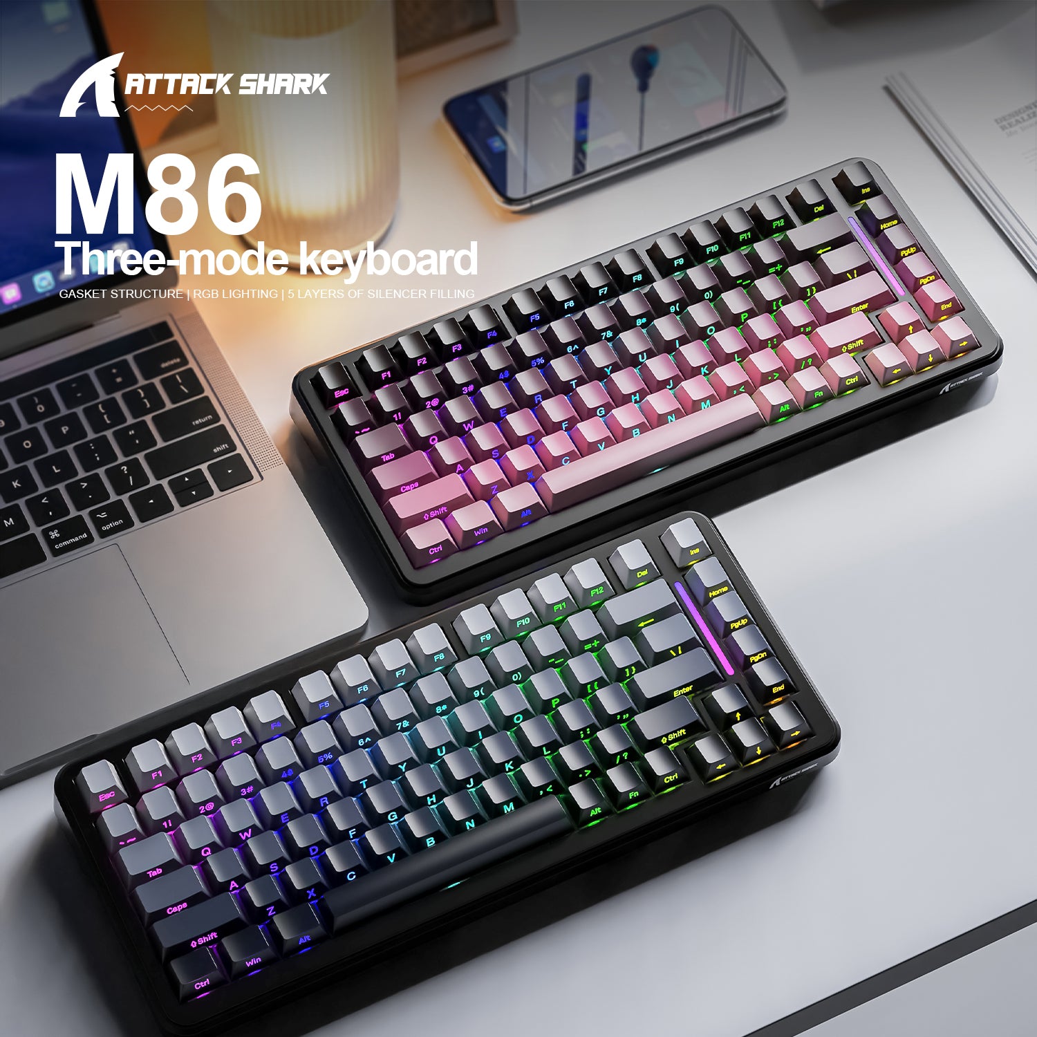 ATTACK SHARK M86 Tri-mode keyboard with RGB lighting and PBT keycaps
