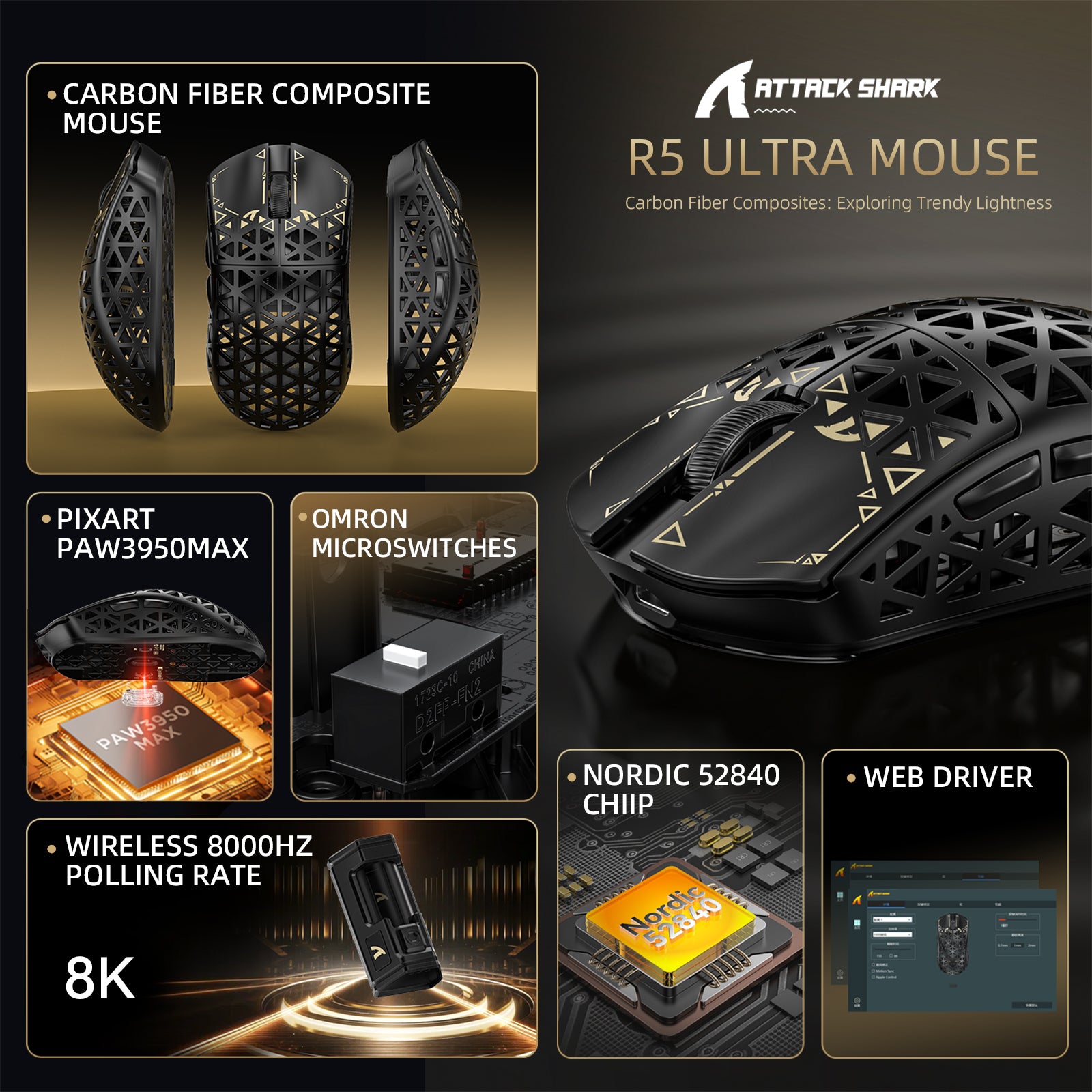 ATTACK SHARK R5 Ultra gaming mouse, Carbon Fiber, PAW3950MAX Sensor, 8K Polling