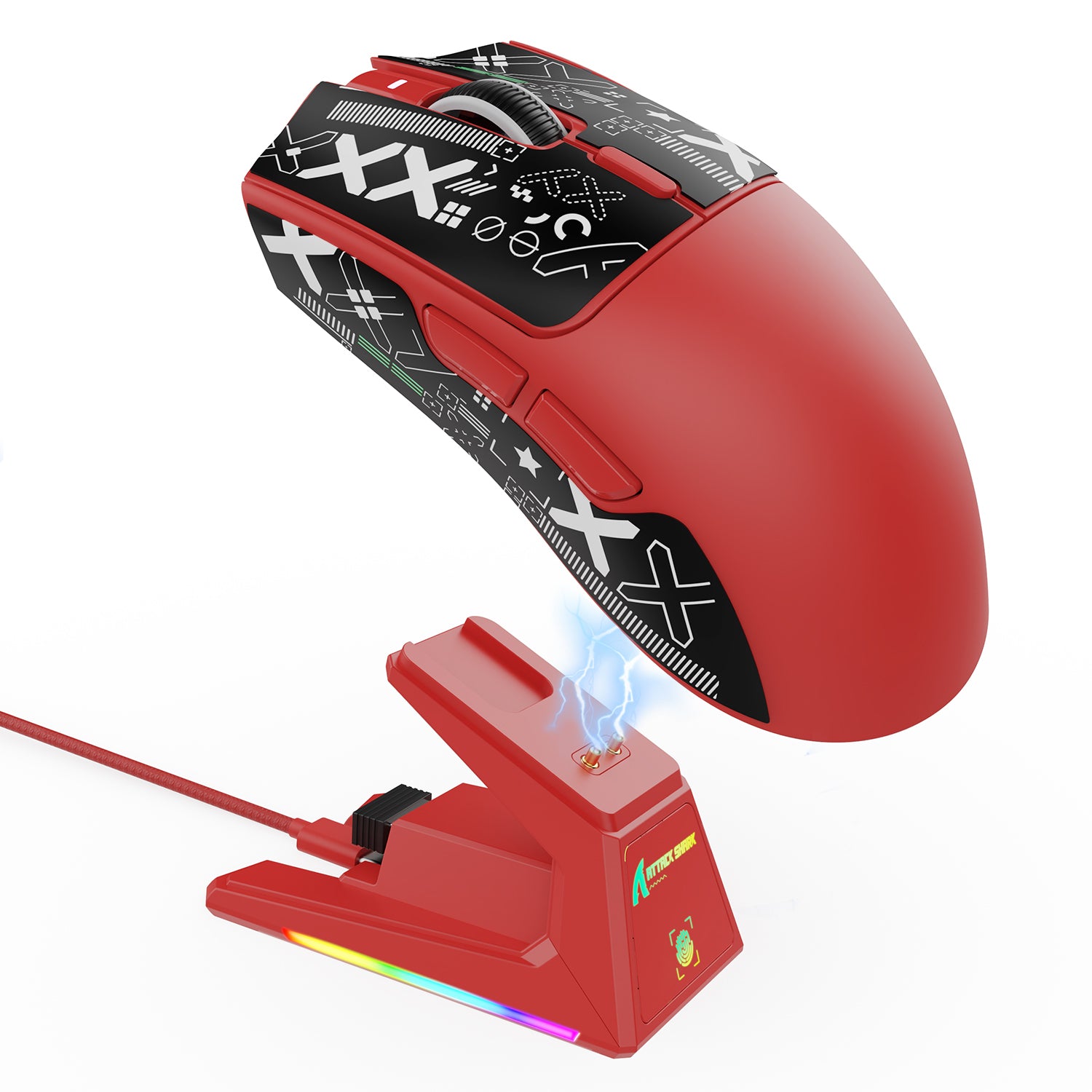 ATTACK SHARK X1 red gaming mouse with charging dock and RGB lighting for versatile gaming