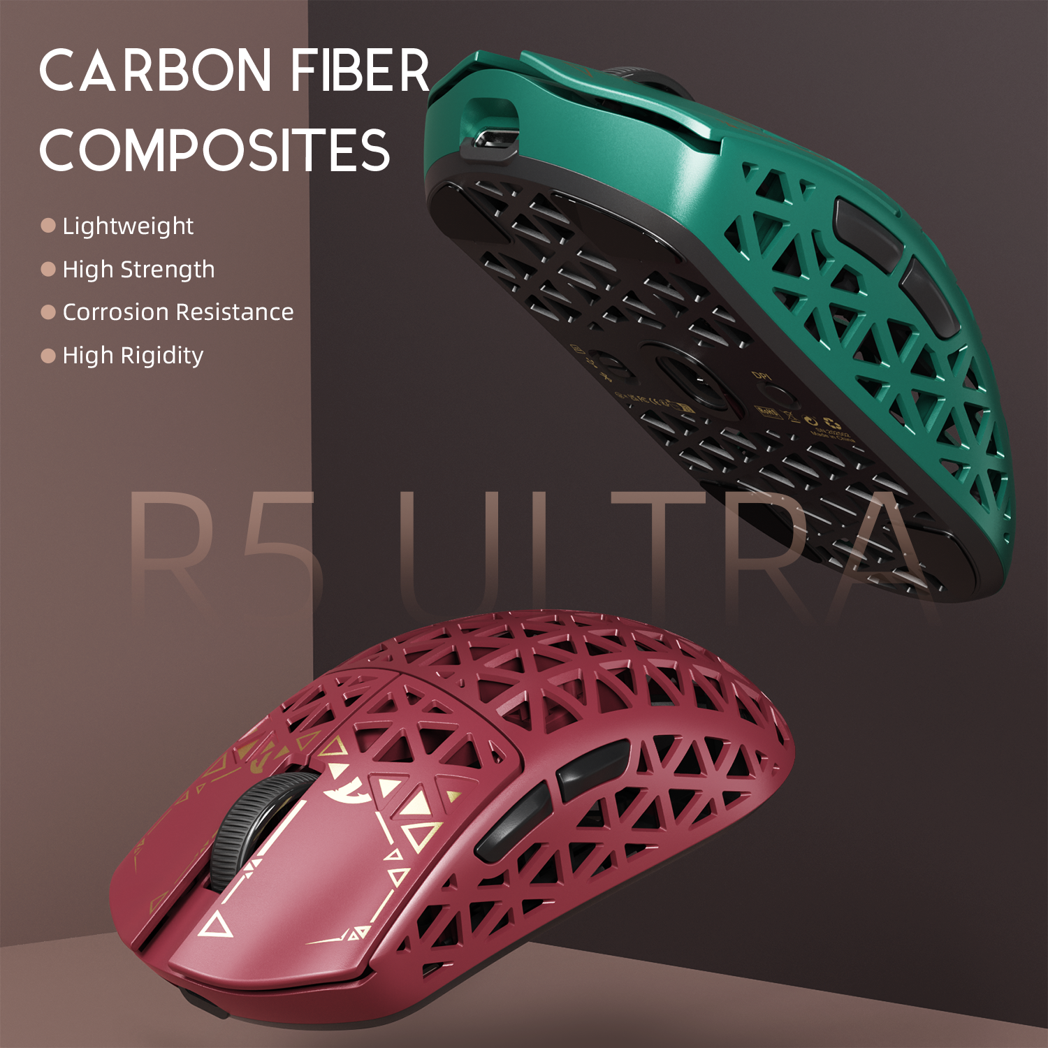 ATTACK SHARK R5 Ultra gaming mouse in carbon fiber, highlighting lightweight, high strength, and corrosion resistance