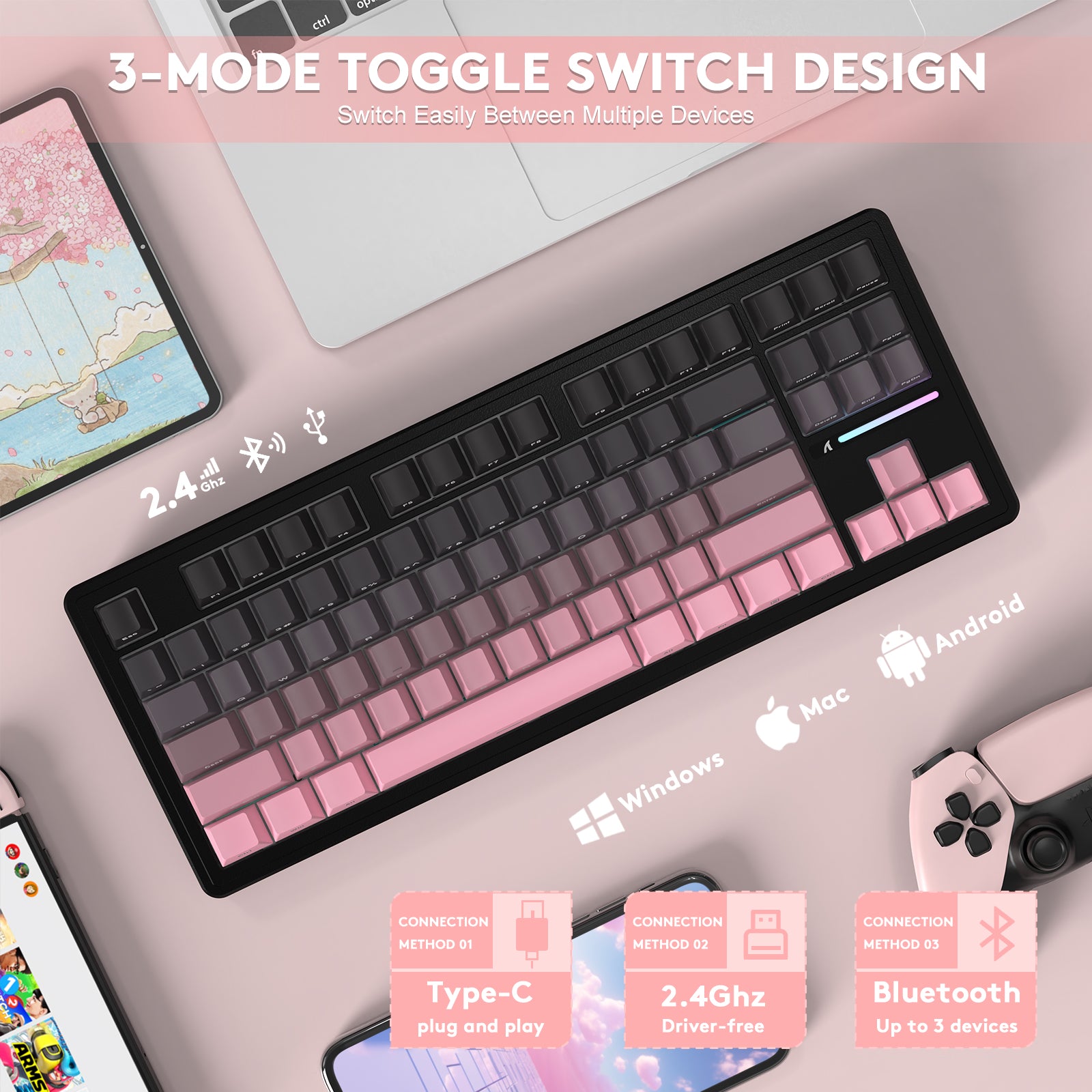 ATTACK SHARK M87PRO wireless keyboard with 3-mode switch: Type-C, 2.4GHz, Bluetooth, gradient pink keycaps.