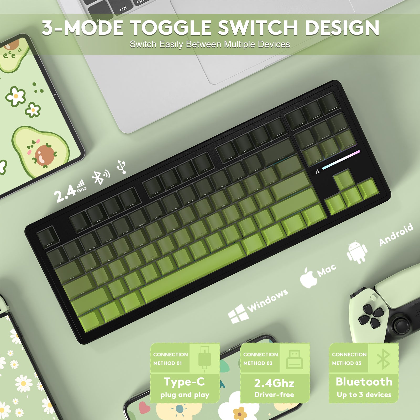 M87PRO wireless keyboard with green gradient keycaps, 3-mode connectivity: Type-C, 2.4GHz, Bluetooth.
