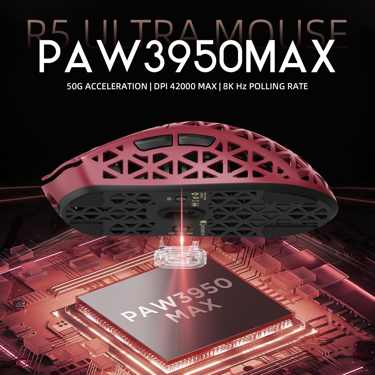 ATTACK SHARK R5 Ultra gaming mouse featuring PAW3950MAX sensor, 8K polling, and red carbon fiber design.