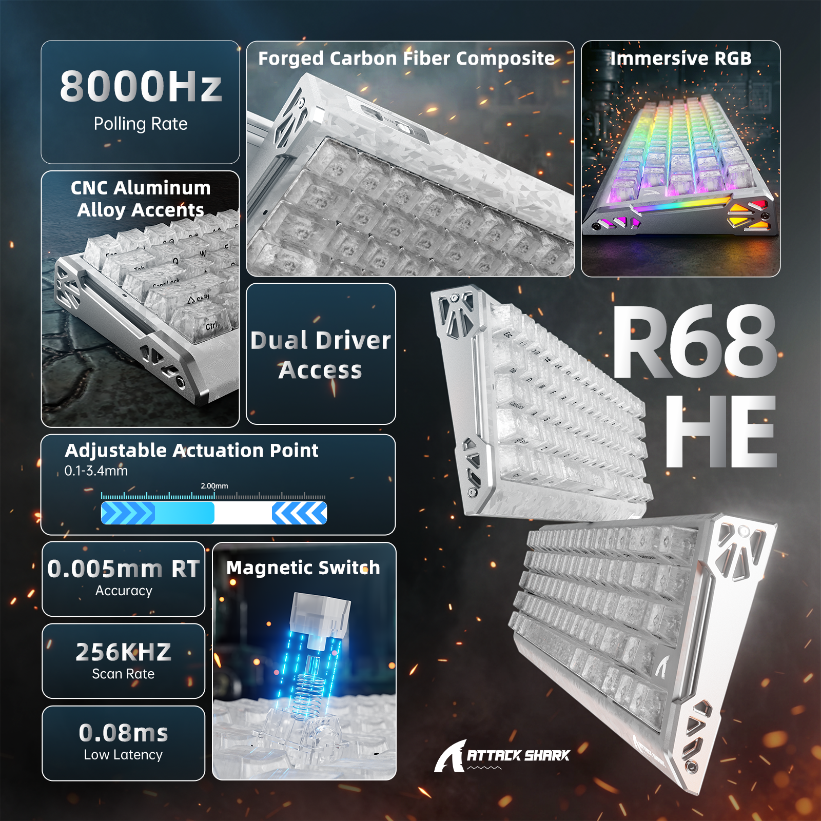ATTACK SHARK R68 HE Kohlefaser Rapid Trigger Tastatur Magnetischer Schalter