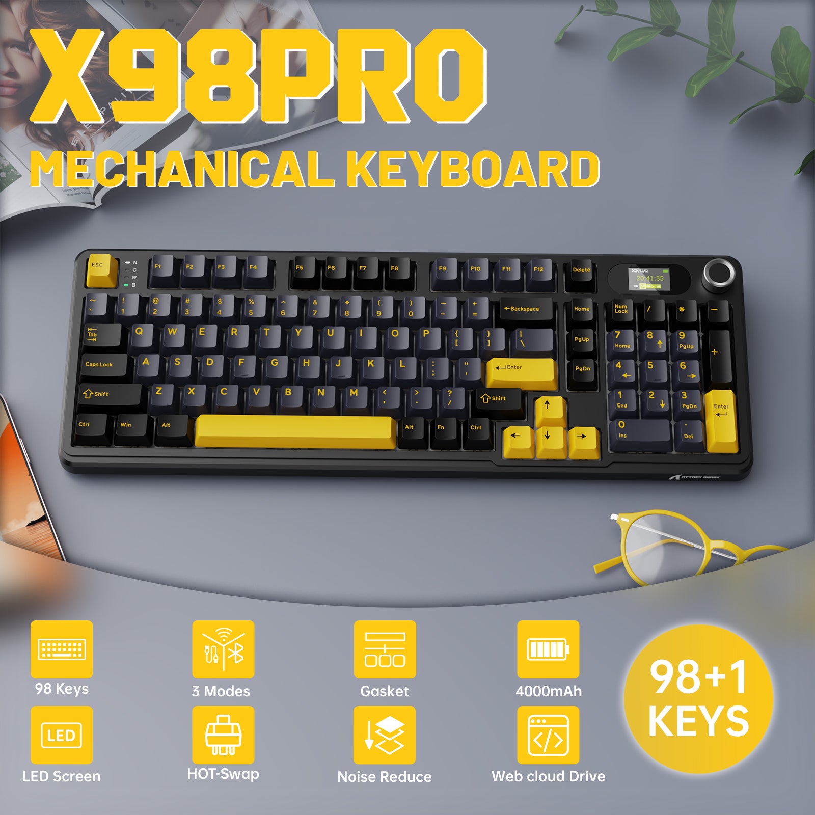 ATTACK SHARK X98PRO Mechanical Keyboard - Black and Yellow Keycaps, LED Screen, 98+1 Keys