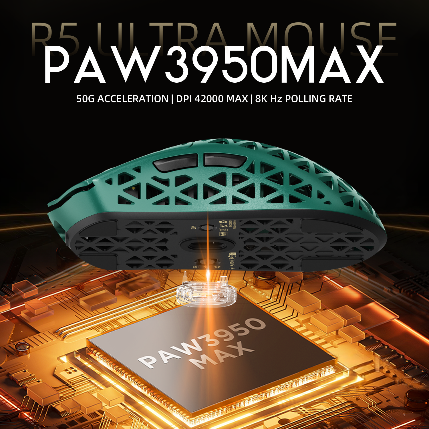 ATTACK SHARK R5 Ultra gaming mouse featuring PAW3950MAX sensor, green carbon fiber design, and 8K polling rate