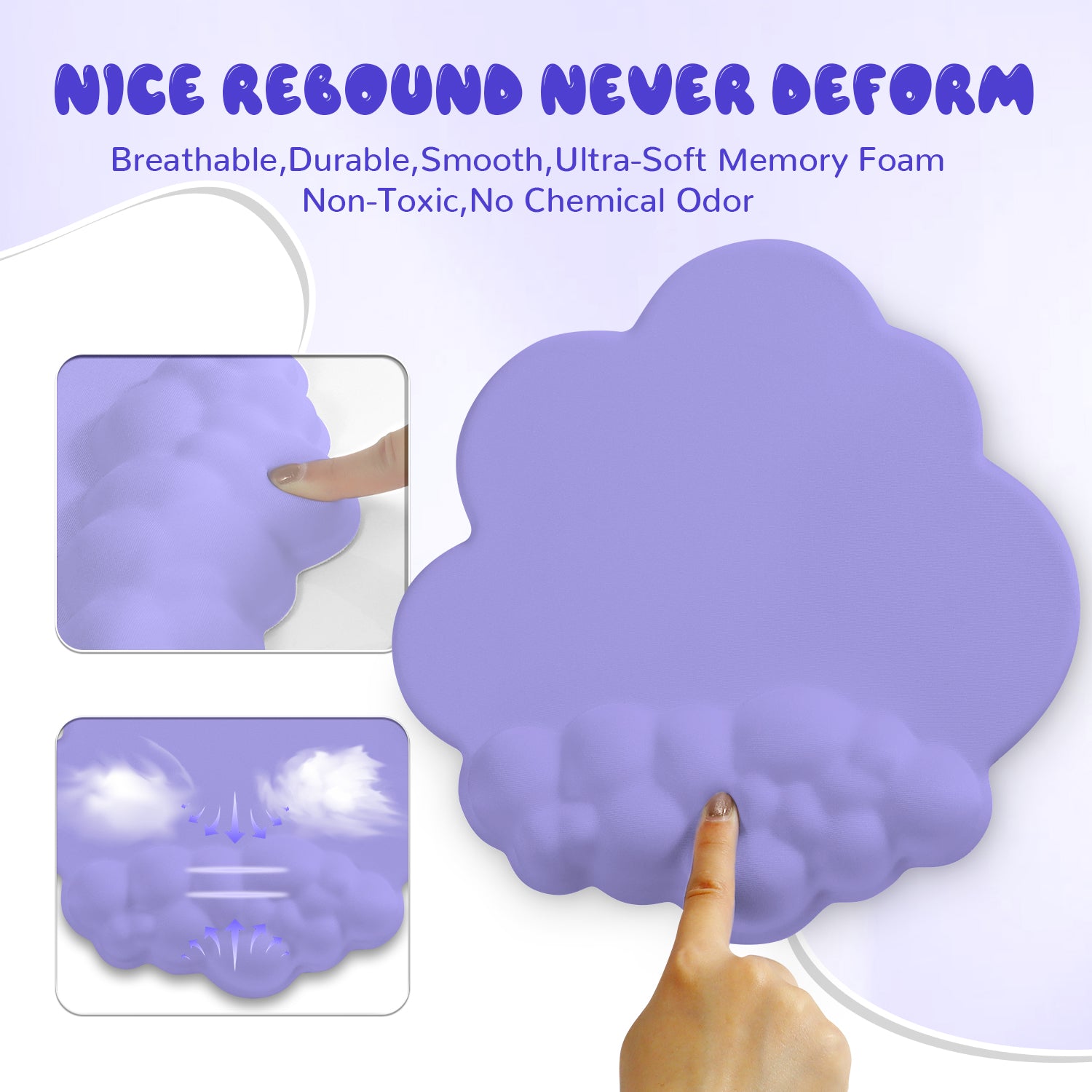 Purple cloud mouse pad showcasing smooth, ultra-soft memory foam with rebound technology.