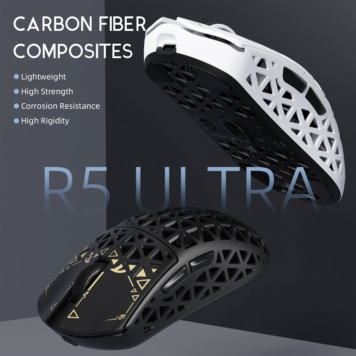 ATTACK SHARK R5 Ultra gaming mouse, carbon fiber design in black and white, emphasizing lightweight and high strength.