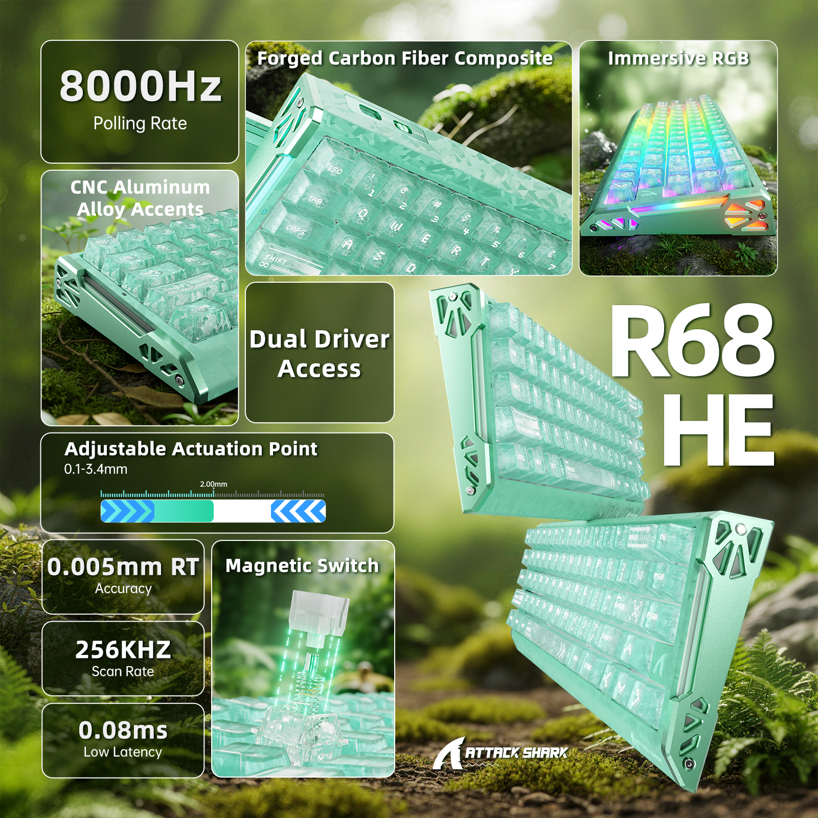 ATTACK SHARK R68 HE Kohlefaser Rapid Trigger Tastatur Magnetischer Schalter