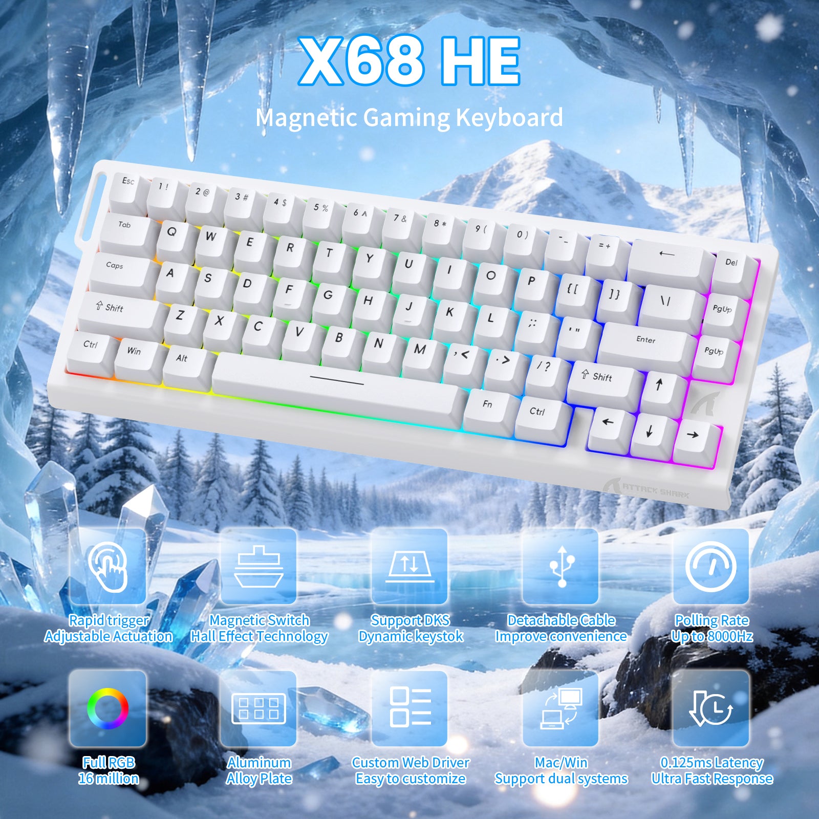 ATTACK SHARK X68 HE Rapid Trigger Tastatur Magnetischer Schalter mit C01PRO Spiralkabel