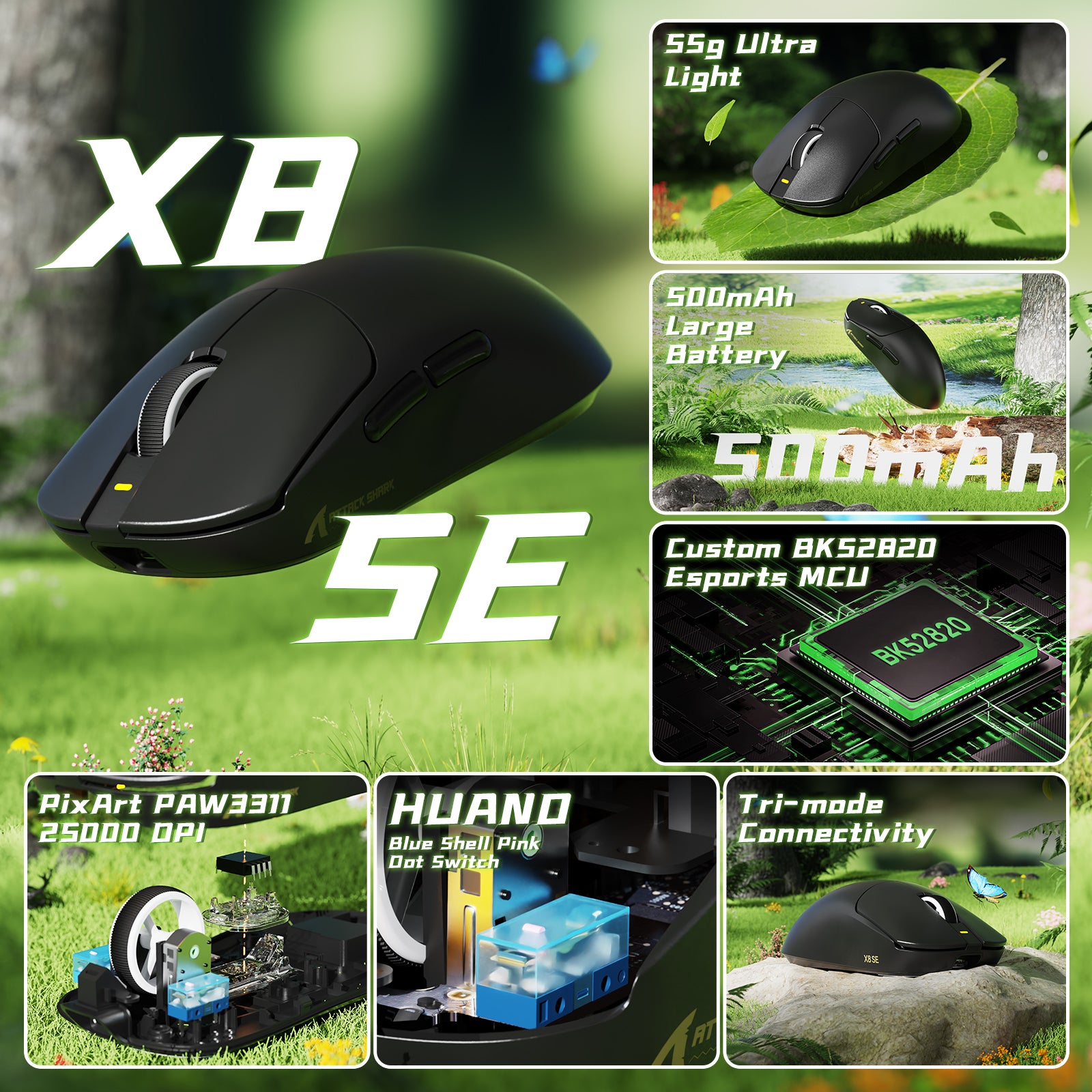 ATTACK SHARK X8SE Tri-mode Wireless Gaming Mouse 25000 DPI Ultra Lightweight
