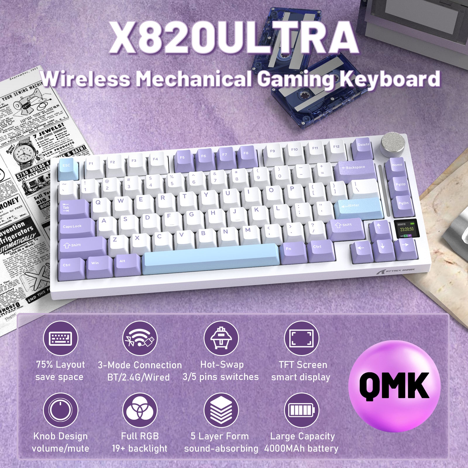 ATTACK SHARK X820ULTRA Mechanische Tastatur mit C01ULTRA Spiralkabel
