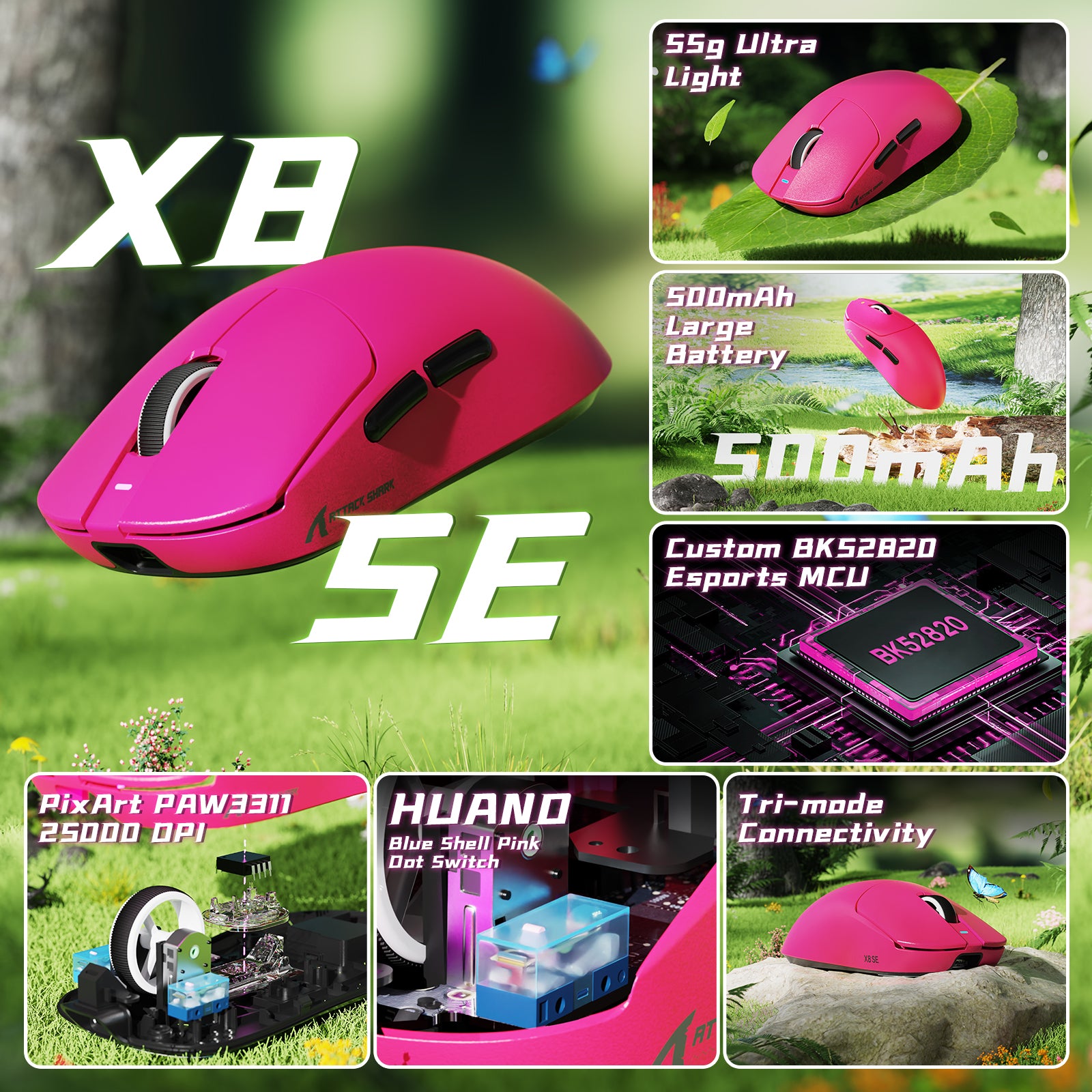 ATTACK SHARK X8SE Tri-mode Wireless Gaming Mouse 25000 DPI Ultra Lightweight