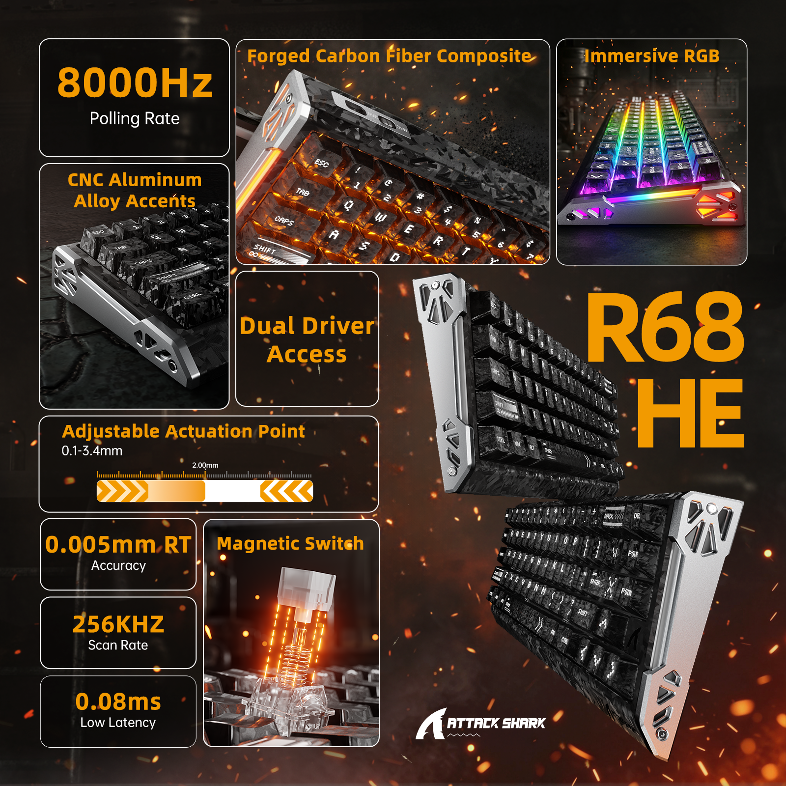 ATTACK SHARK R68 HE Kohlefaser Rapid Trigger Tastatur Magnetischer Schalter