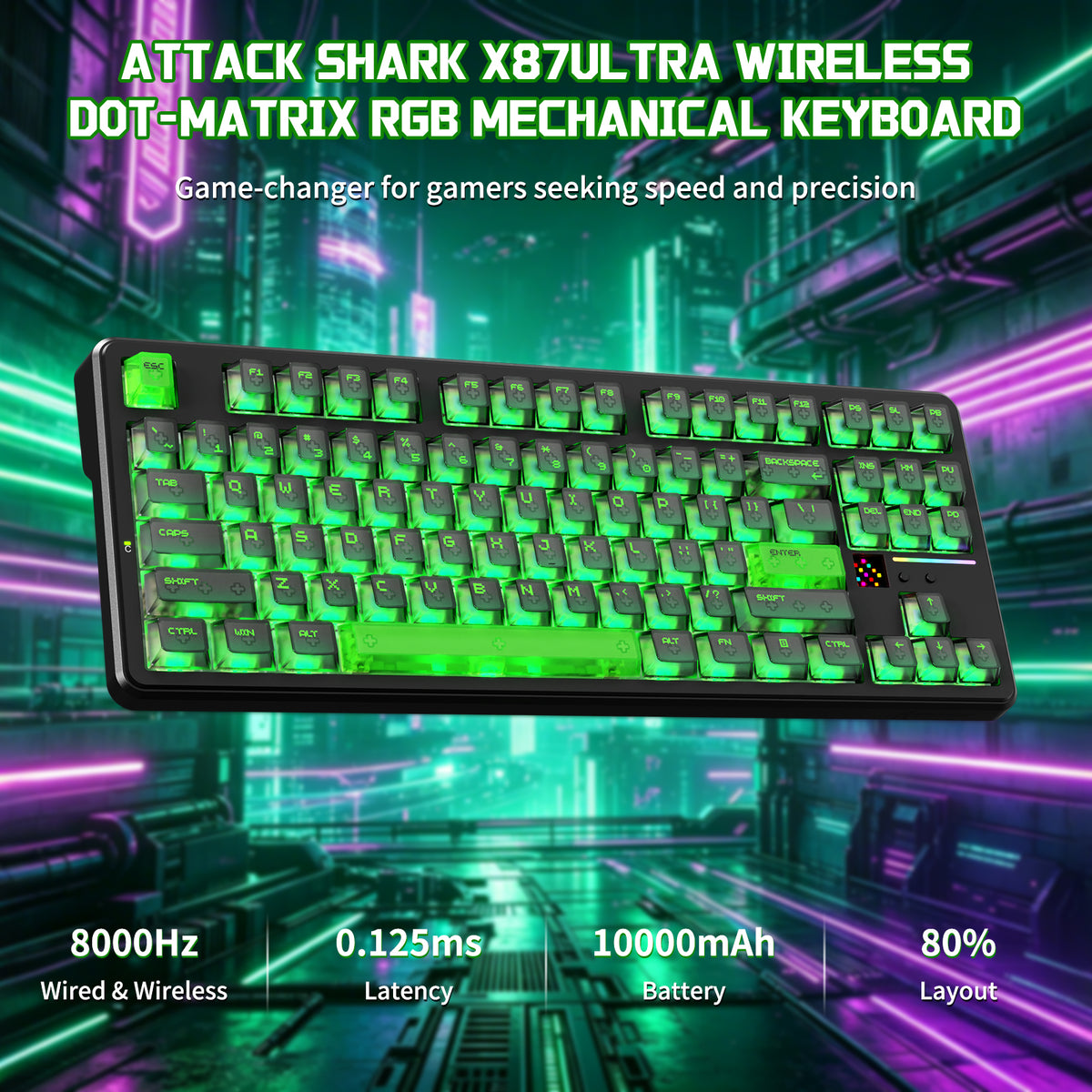ATTACK SHARK X87ULTRA 80% wireless mechanical keyboard with green RGB backlight