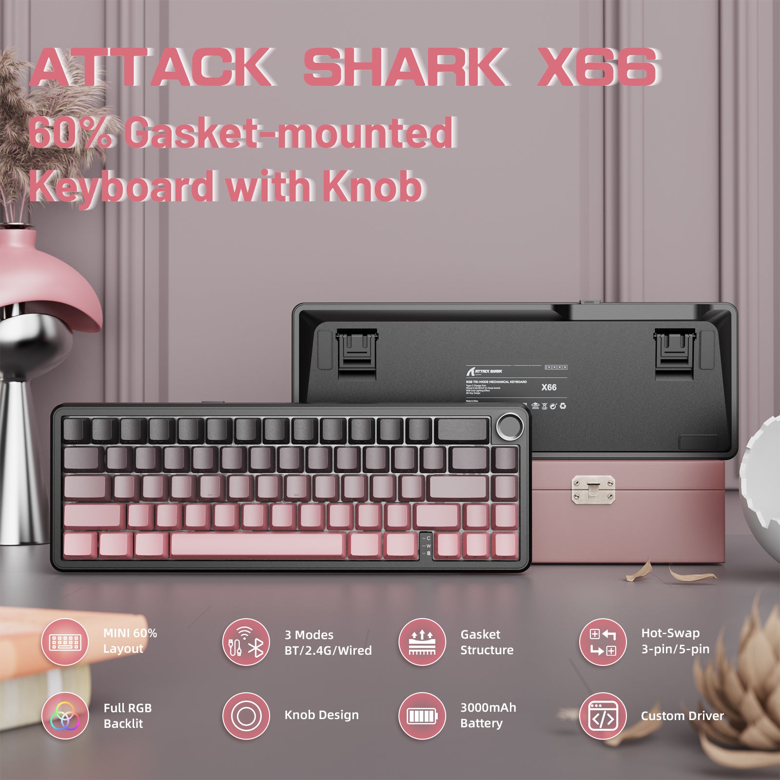 ATTACK SHARK X66 mechanical keyboard, featuring 60% gasket-mounted design with a knob, RGB, and hot-swap support.