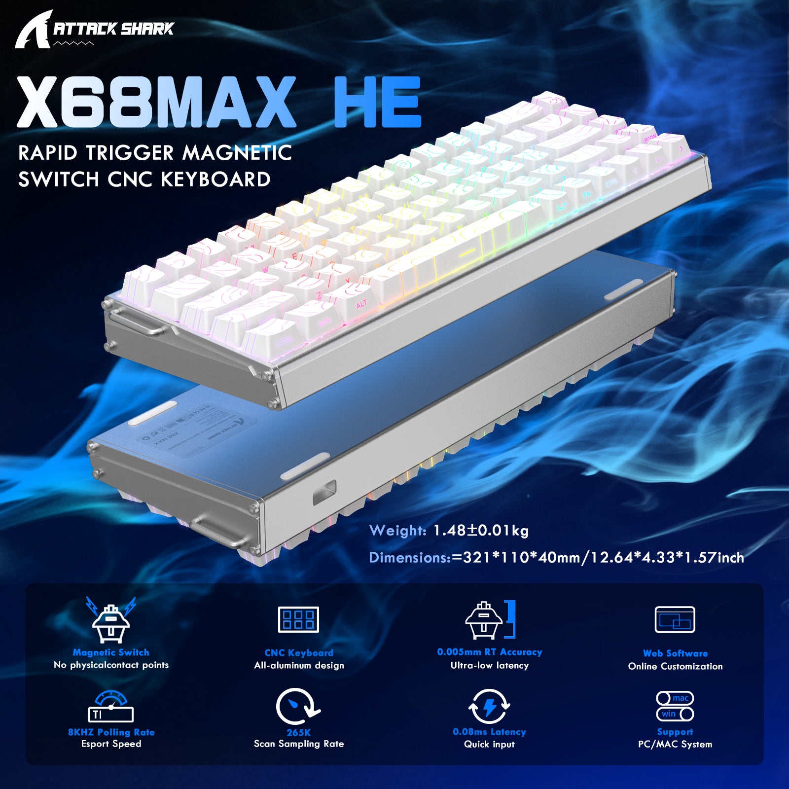 ATTACK SHARK X68MAX HE Rapid Trigger CNC Aluminium-Tastatur mit magnetischem Schalter und C01Ultra RGB Spiralkabel