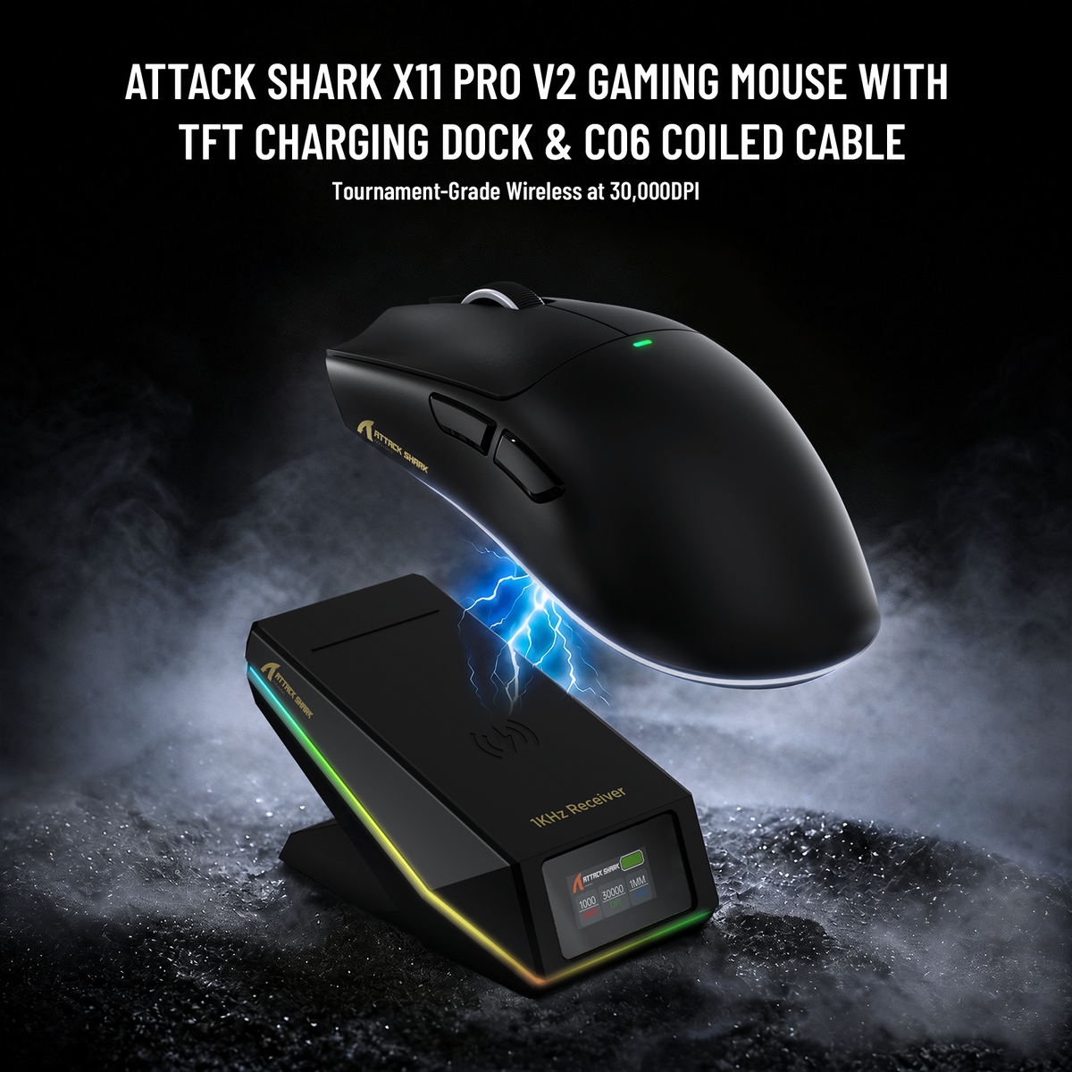 ATTACK SHARK X11 PRO V2 Kabellose Gaming-Maus mit TFT-Display, Ladestation und C06 Spiralkabel