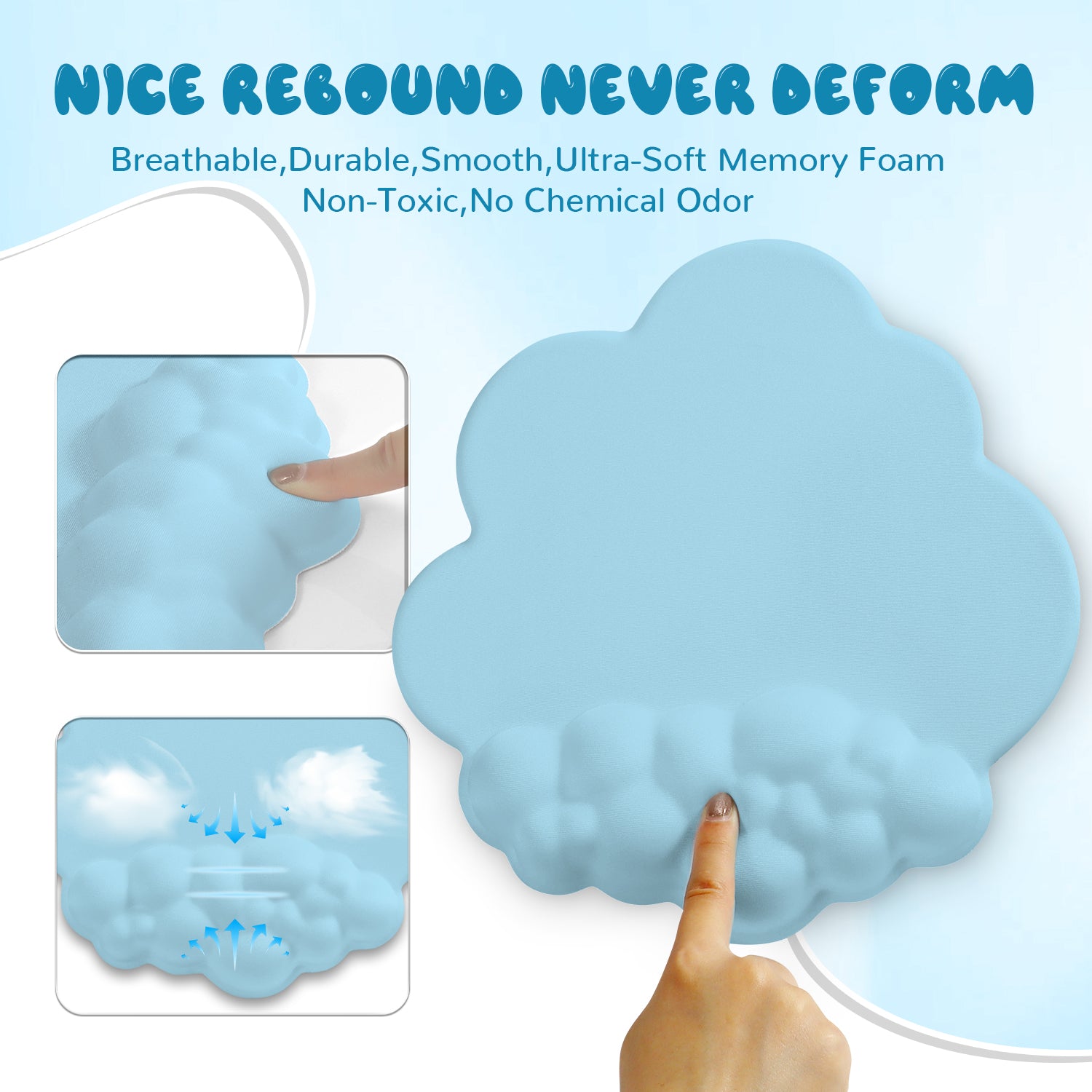 Light blue cloud mouse pad with ultra-soft memory foam, smooth surface, and breathable design.