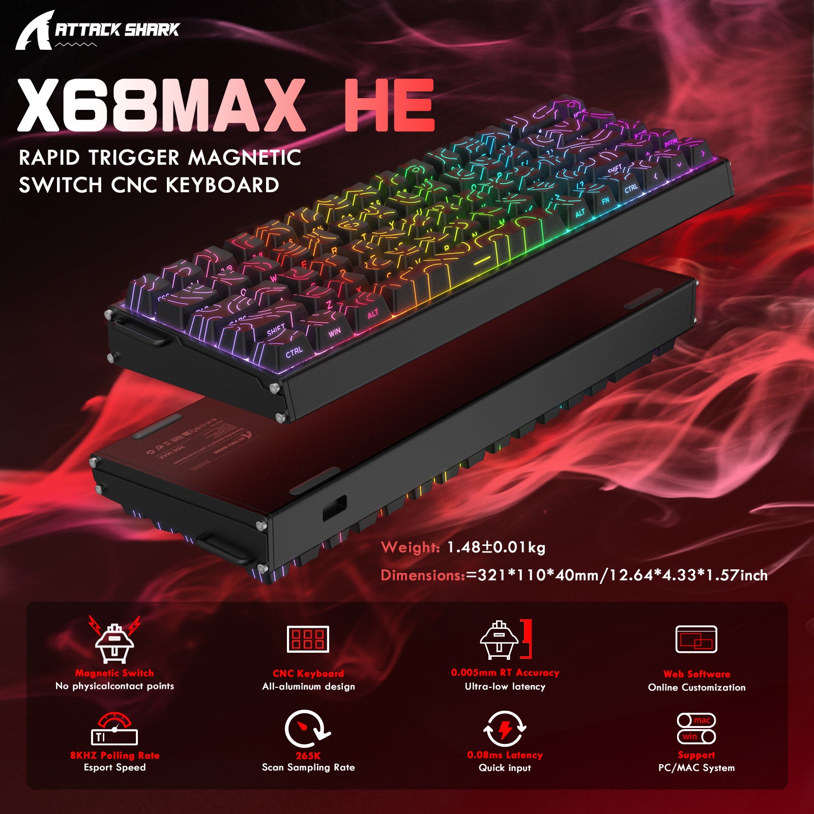 ATTACK SHARK X68MAX HE Rapid Trigger CNC Aluminium-Tastatur mit magnetischem Schalter und C01Ultra RGB Spiralkabel