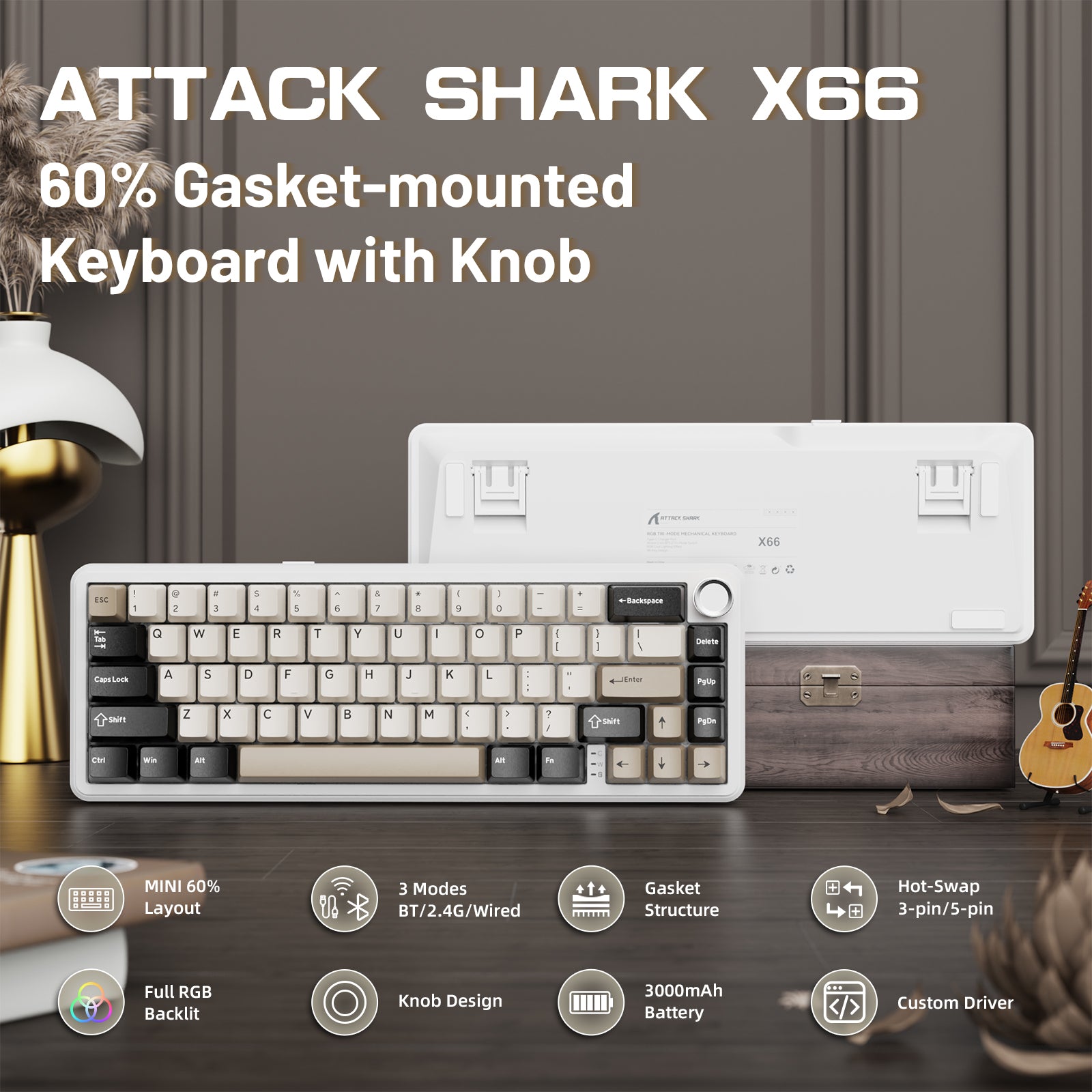 ATTACK SHARK X66 mechanical keyboard with knob and features