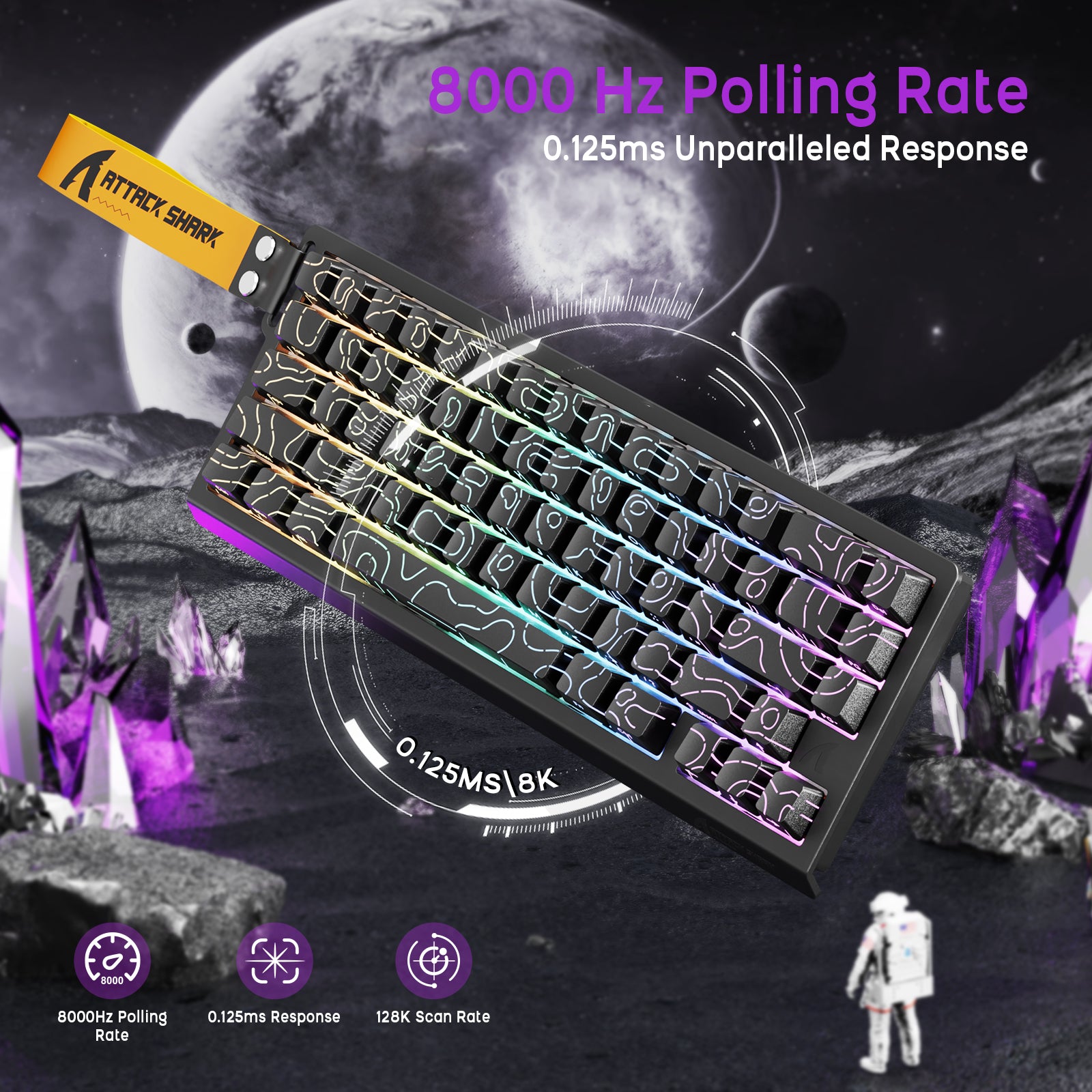 ATTACK SHARK X68HE Magnetic Keyboard with 8000Hz Polling Rate and 0.125ms Response, black with RGB backlighting.