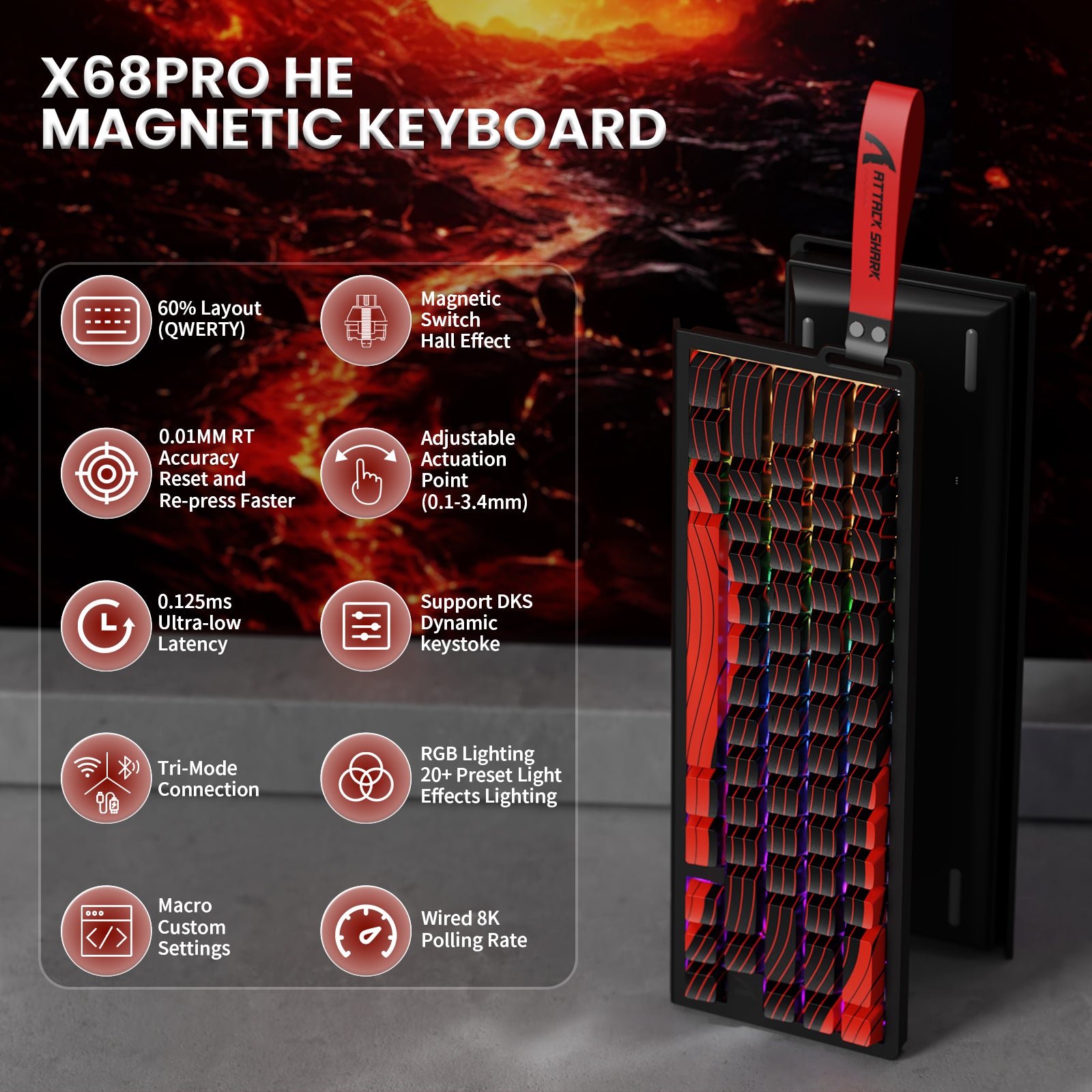 ATTACK SHARK X68PRO HE magnetic keyboard, 60% layout, RGB, 0.01mm RT accuracy, adjustable actuation for gaming.
