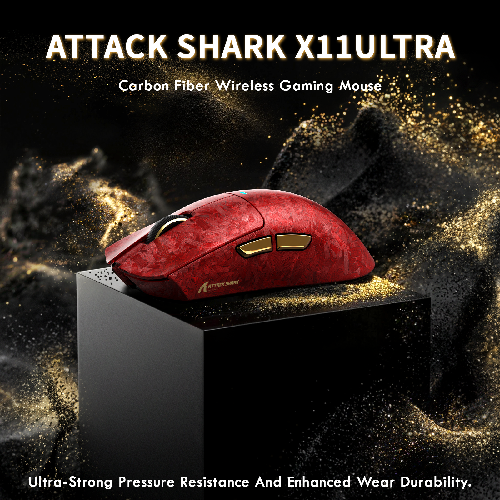 Red ATTACK SHARK X11 ULTRA wireless gaming mouse with carbon fiber texture and gold accents.