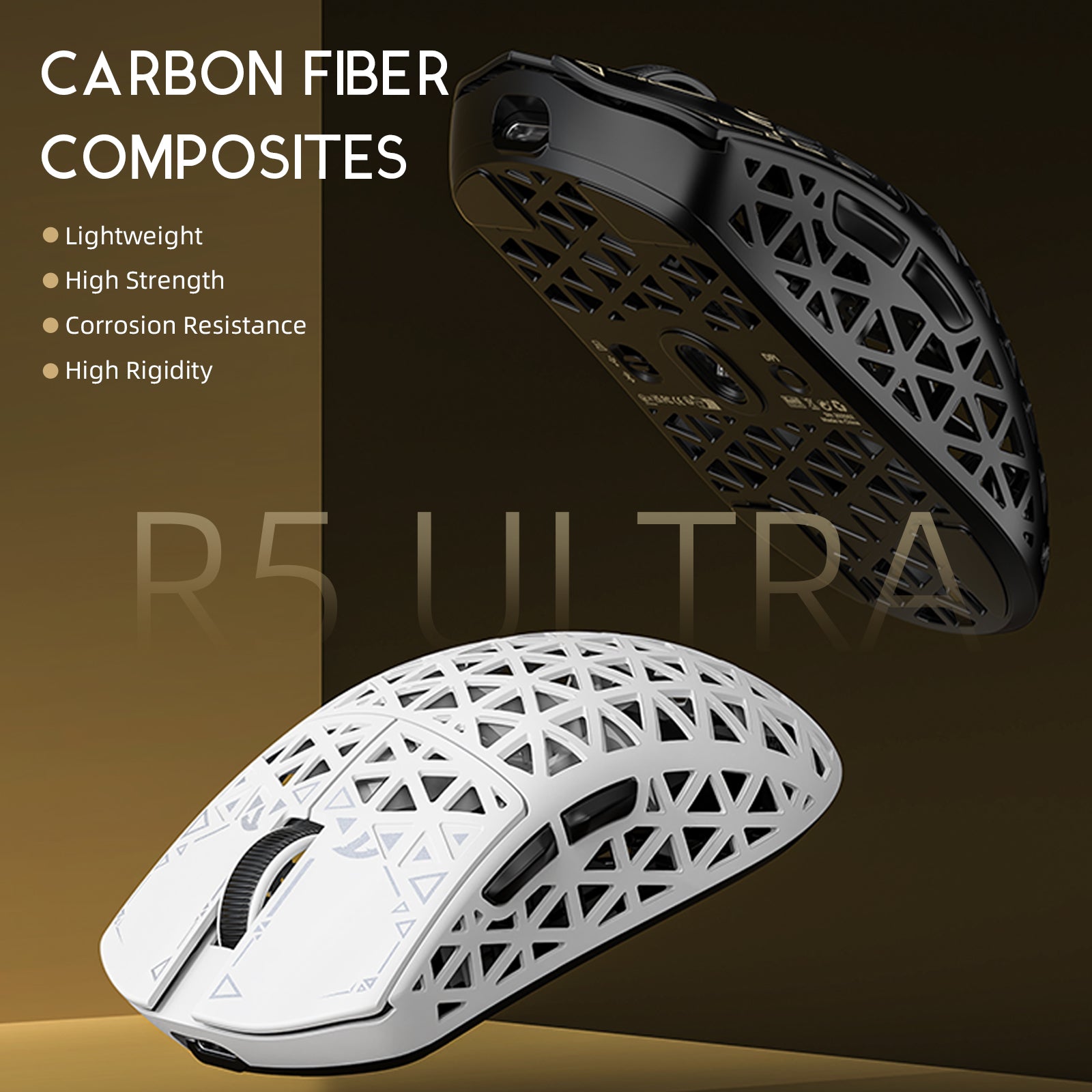 ATTACK SHARK R5 Ultra gaming mouse, featuring carbon fiber, lightweight, and high strength.