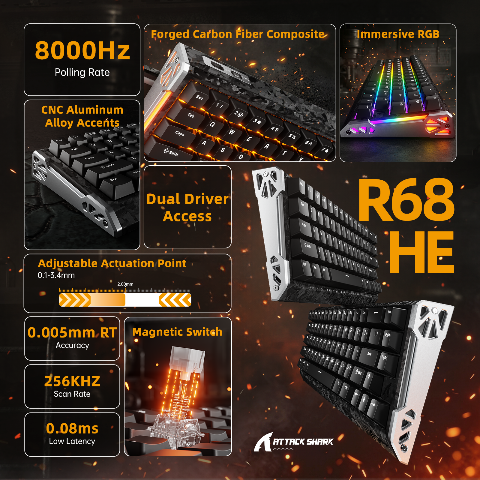 ATTACK SHARK R68 HE Kohlefaser Rapid Trigger Tastatur Magnetischer Schalter