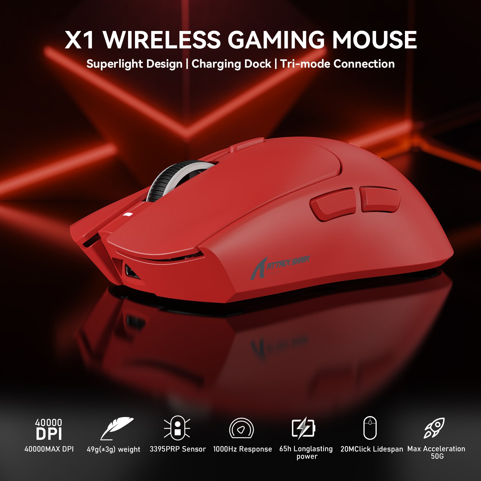 ATTACK SHARK X1 Tri-Mode-Gaming-Maus mit Touchpad RGB-Ladedock PAW3395PRO-Sensor