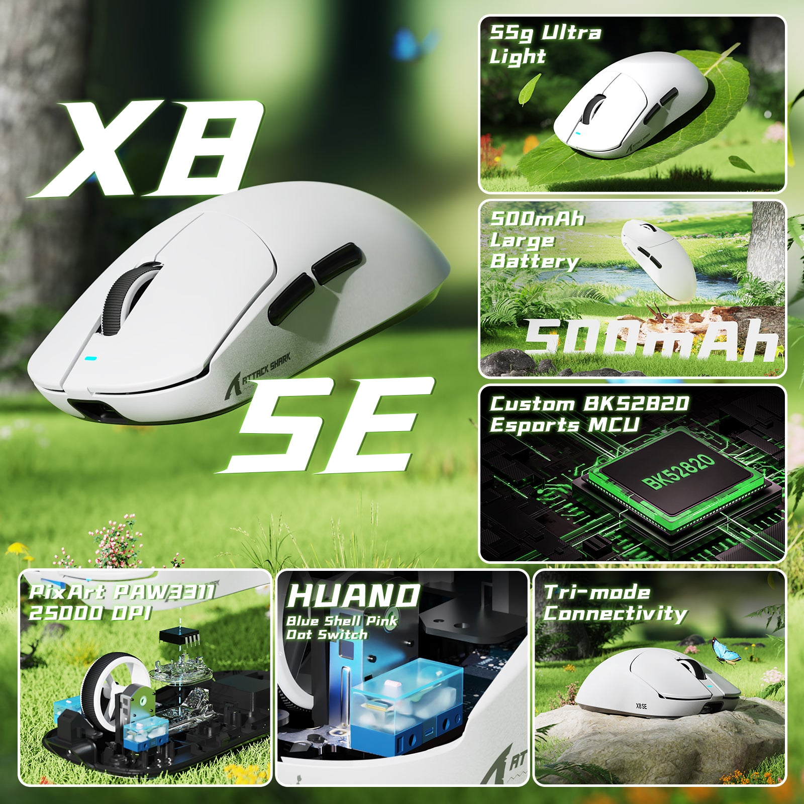 ATTACK SHARK X8SE Tri-mode Wireless Gaming Mouse 25000 DPI Ultra Lightweight