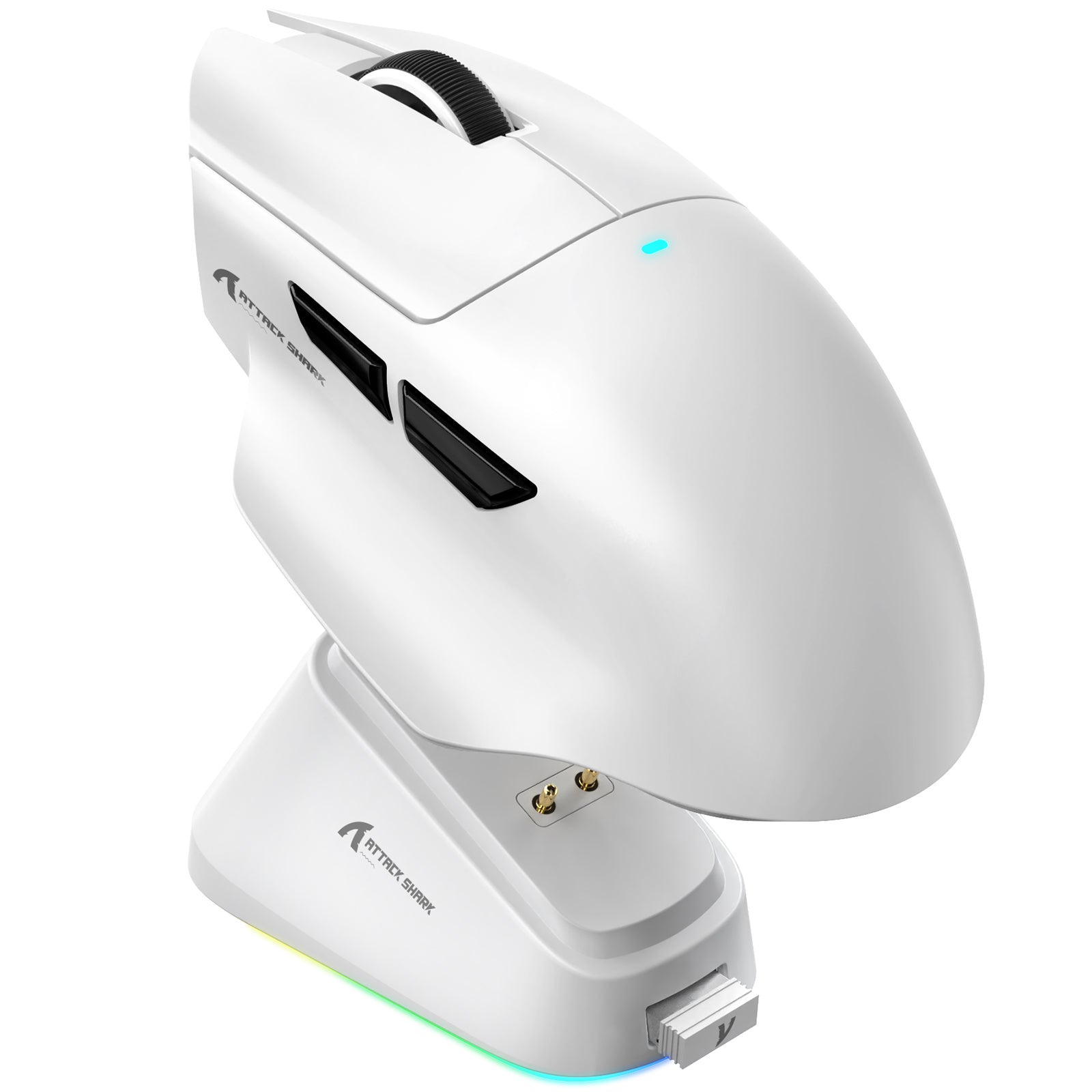 White ATTACK SHARK V6 Tri-Mode gaming mouse on its RGB charging dock
