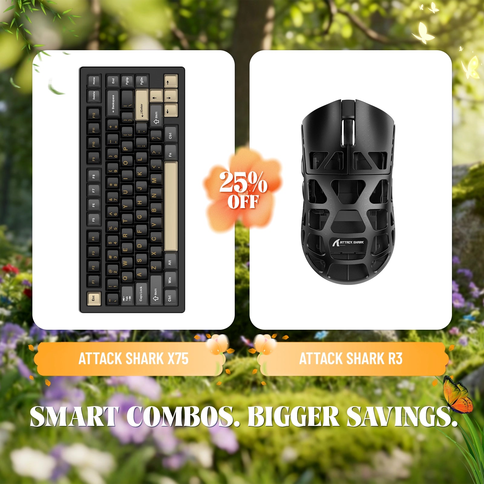 ATTACK SHARK X75 aluminum keyboard and R3 magnesium alloy gaming mouse bundle, 25% off.