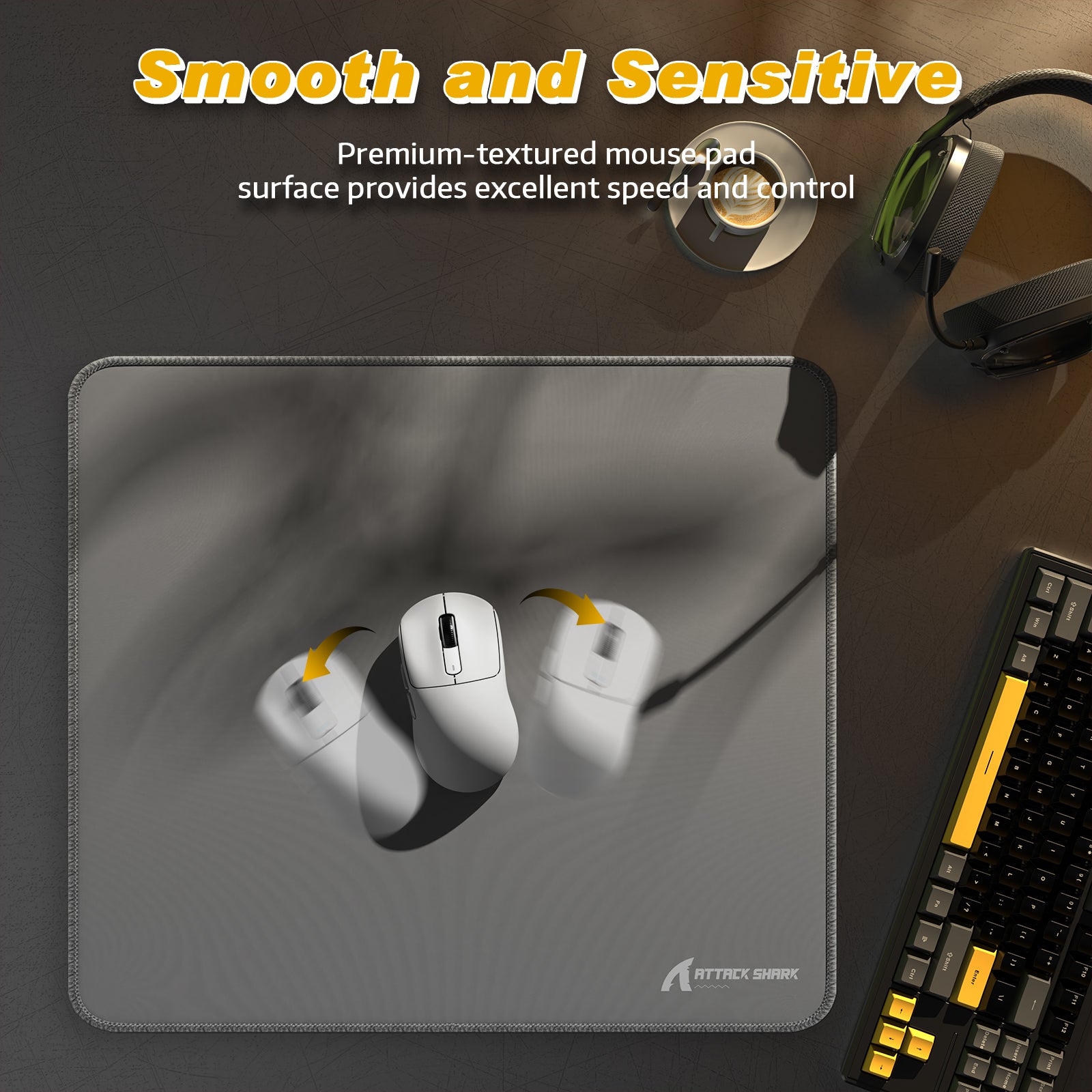 ATTACK SHARK CM02 mousepad with smooth surface, gaming mouse, keyboard and headset, for esports.