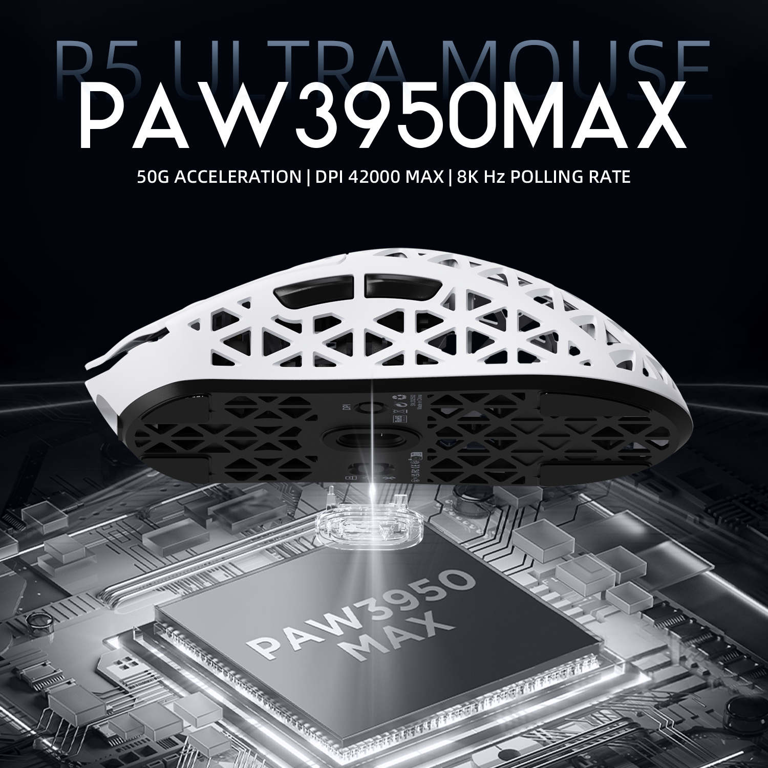 ATTACK SHARK R5 Ultra gaming mouse featuring PAW3950MAX sensor, 8K polling rate, ultra-lightweight design.